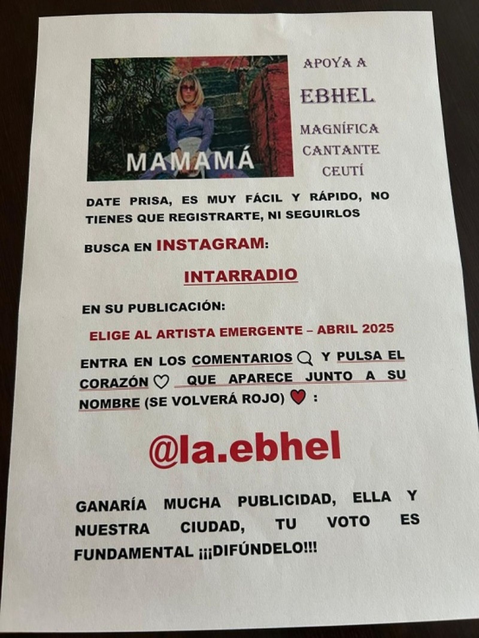 Cartel para promocionar el voto a Ebhel de cara al concurso. / FOTO EL PUEBLO