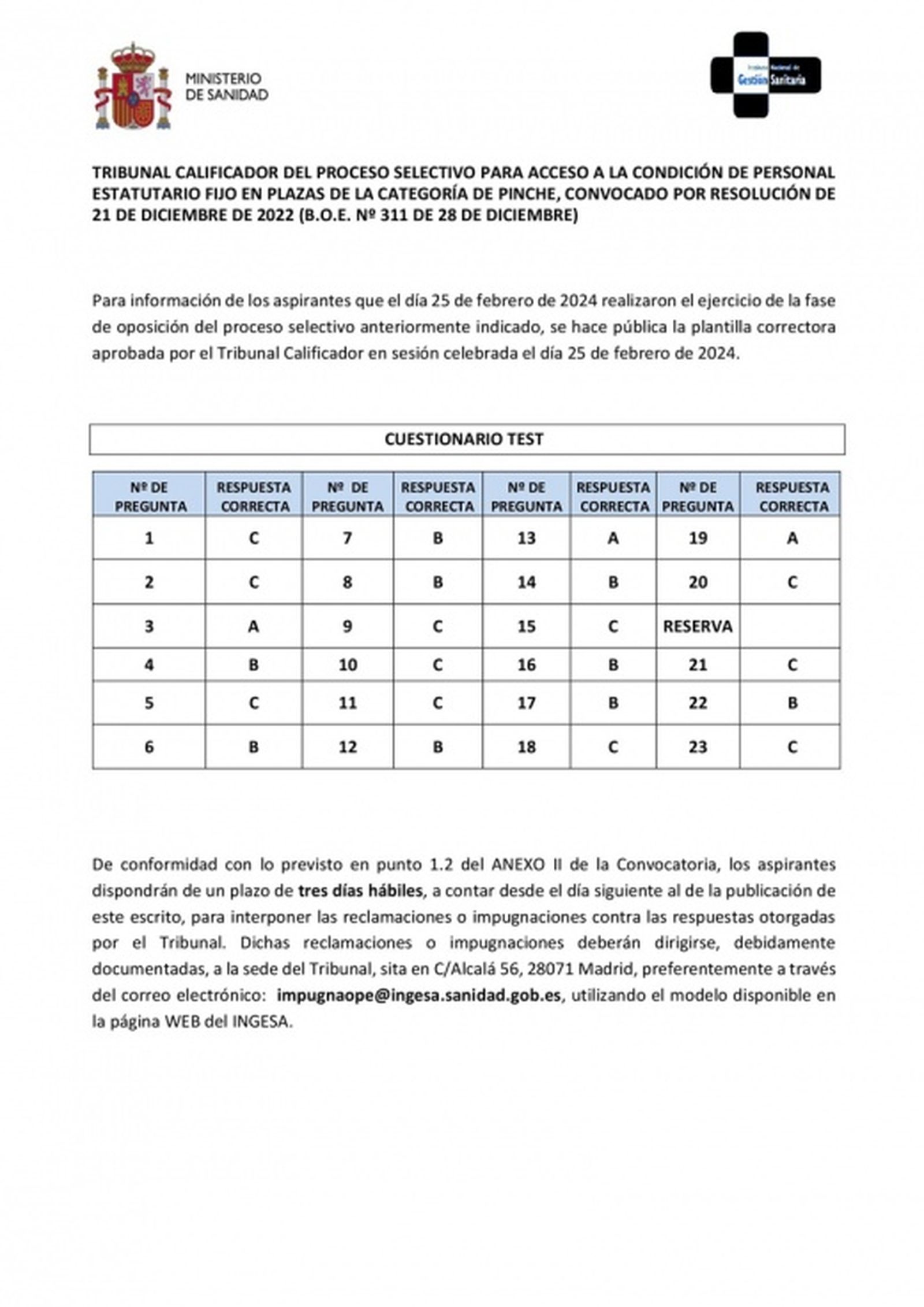 Plantilla examen Pinche OPE INGESA 2024. / FOTO INGESA