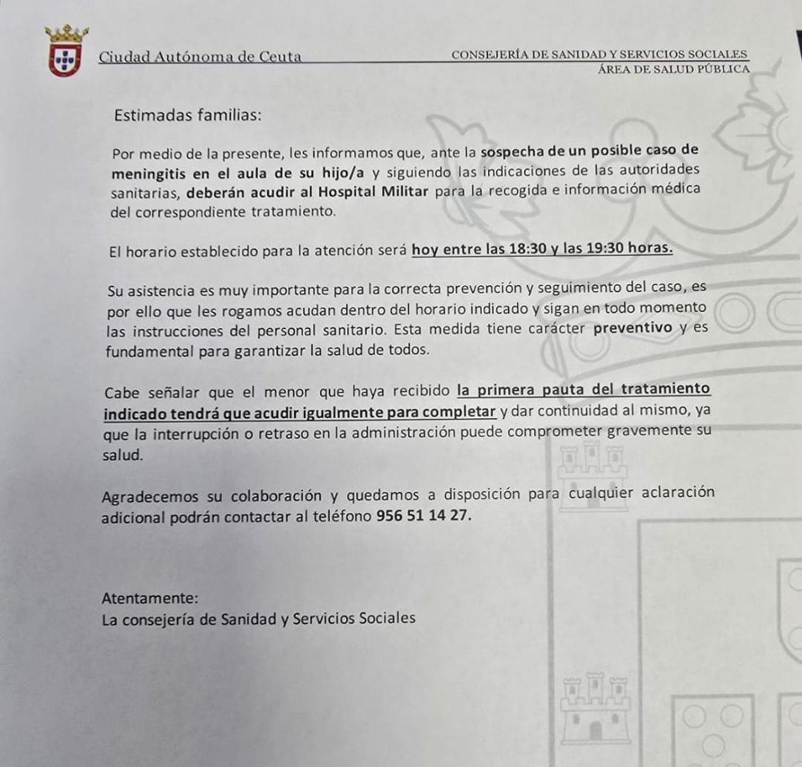 Comunicado enviado el viernes por la Consejería de Sanidad a los docentes y familiares del alumnado que tuvo contacto con la profesora fallecida informando de las medidas preventivas