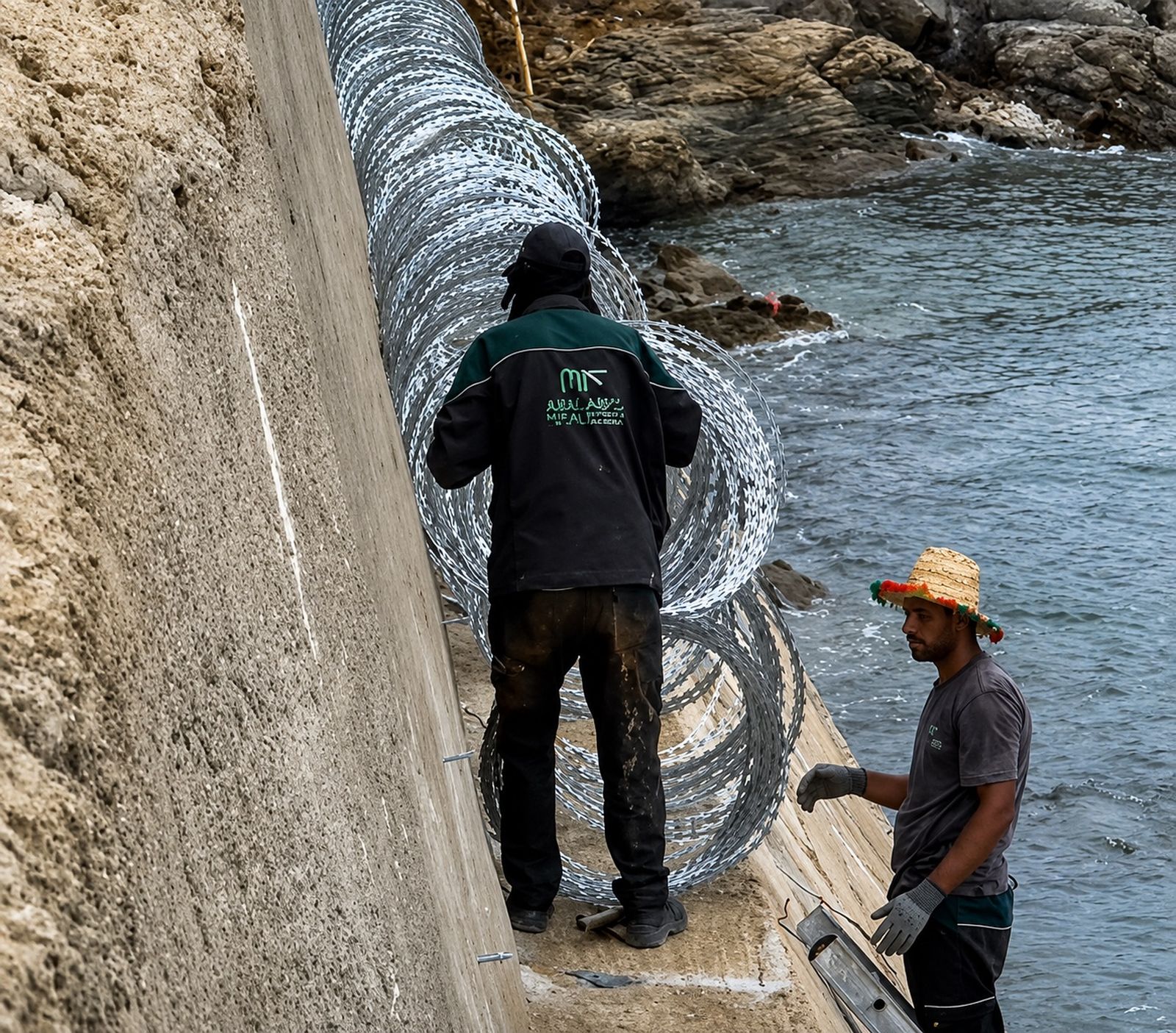 Instalación de concertinas en la línea de mar en Castillejos