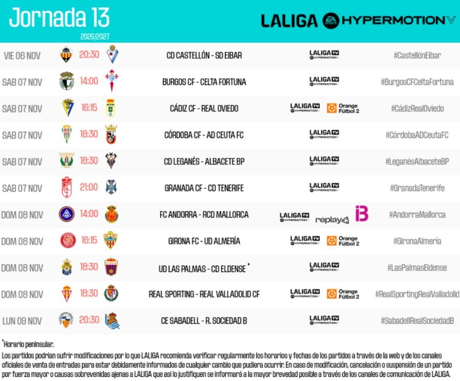 Horarios de la jornada 13 de Segunda División