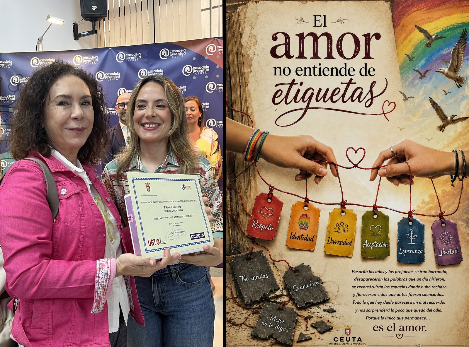 El cartel anunciador del Orgullo. A la izquierda, su autora, Laura García Jimena