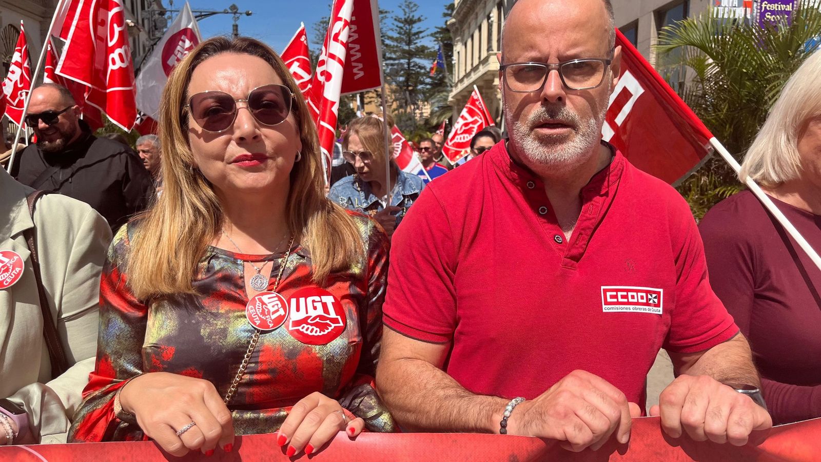 Los secretarios generales de UGT, Yolanda Aparicio, y CCOO, Ángel Lara, durante la marcha
