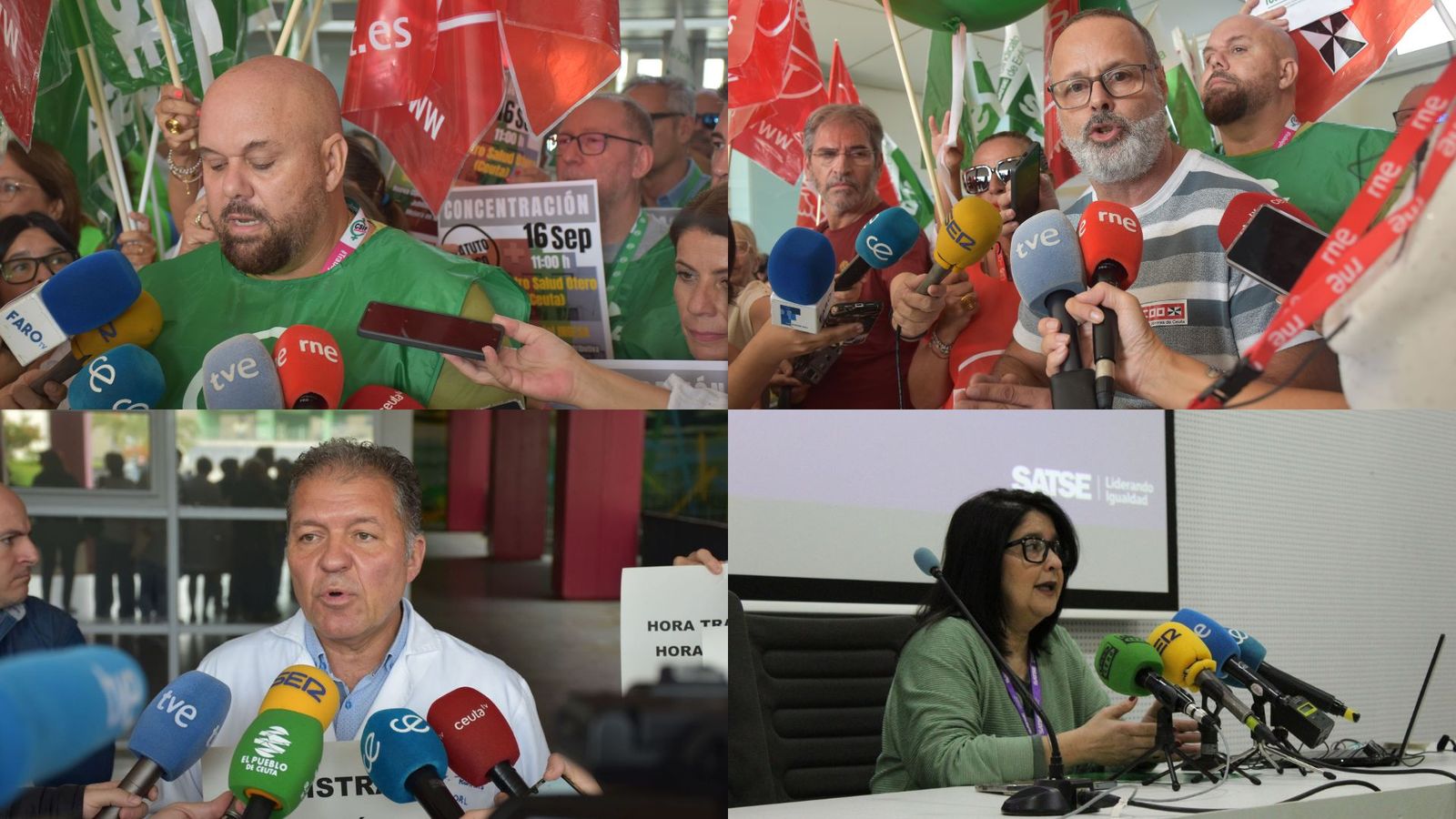 De izquierda a derecha, de arriba abajo: los responsables de CSIF, CCOO, y CEMSATSE, Alejandro Artero, Ángel Lara, Enrique Roviralta y Elisabeth Muñoz respectivamente
