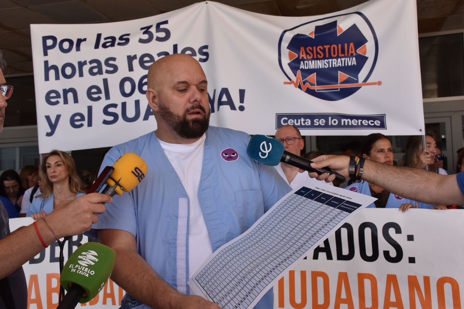 El presidente de la Junta de Personal, Alejandro Artero, muestra a la prensa unas tablas comparativas del cómputo de horas trabajadas por el personal de INGESA durante la concentración celebrada en el hospital contra la aplicación de la jornada de 35 horas