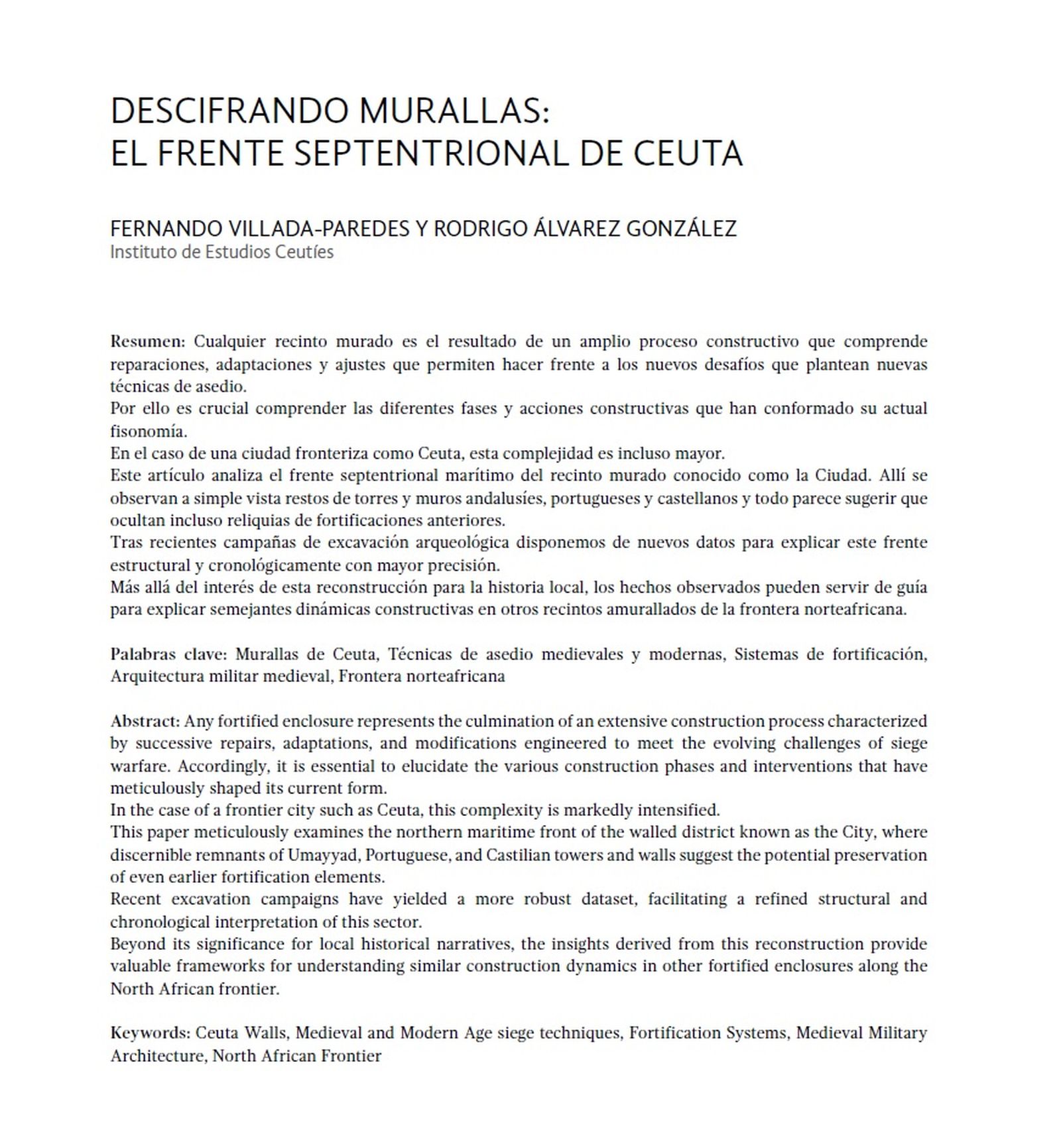 Portada del artículo de Fernando Villada sobre el frente septentrional de Ceuta
