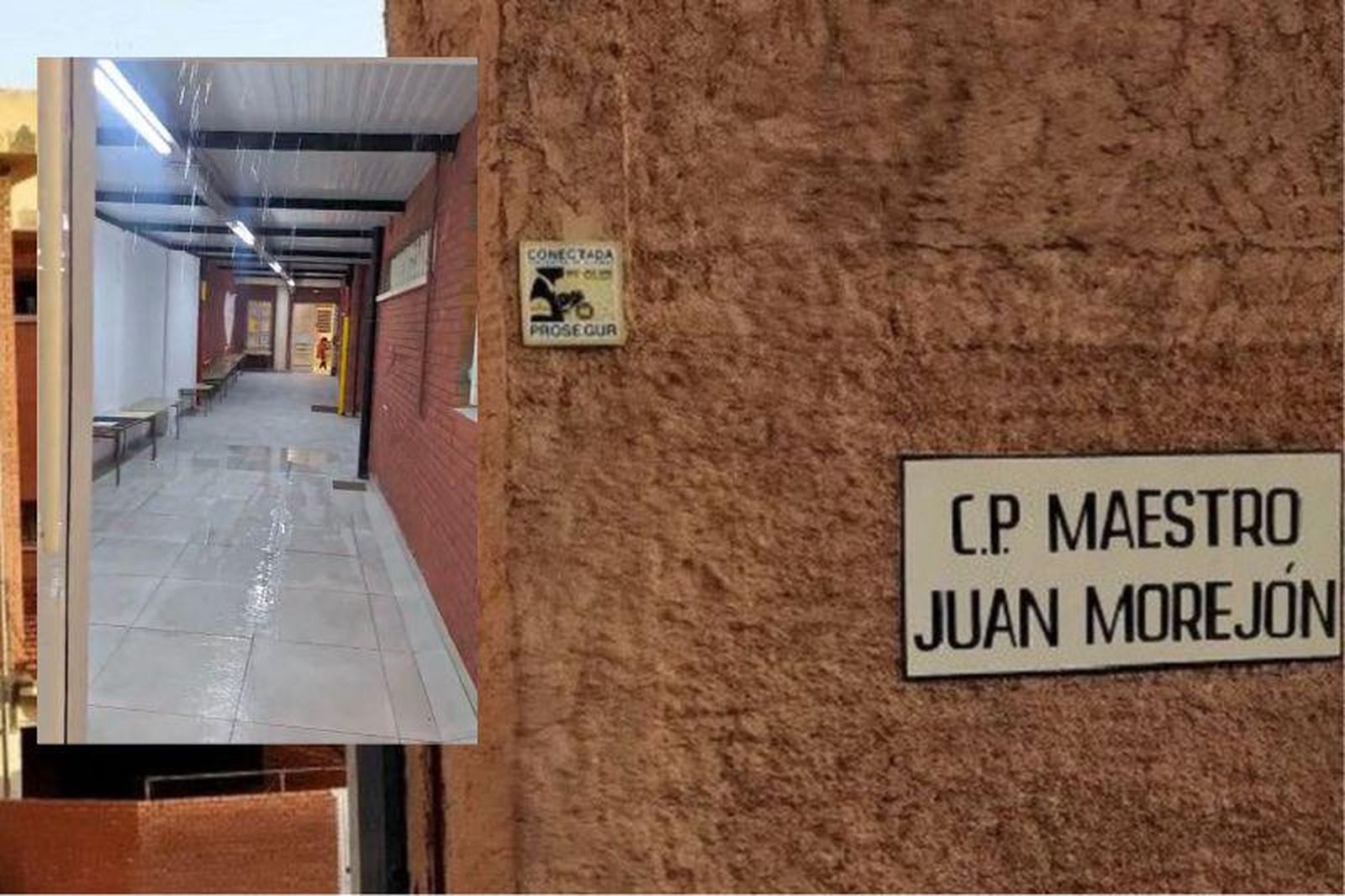 Fachada del colegio Juan Morejón y lluvia en el pasillo.