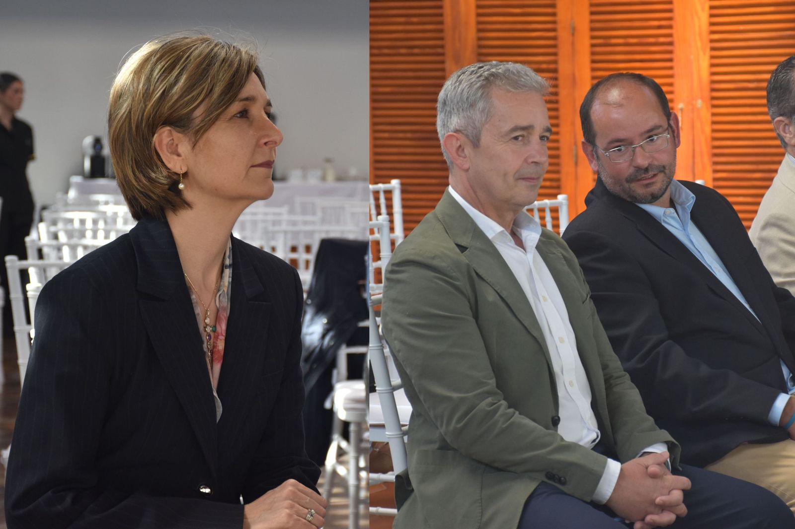De izquierda a derecha: Arantxa Campos, Juan José Díaz y Juan Goñi durante la jornada electoral para la presidencia de la CECE este jueves en el Parador La Muralla