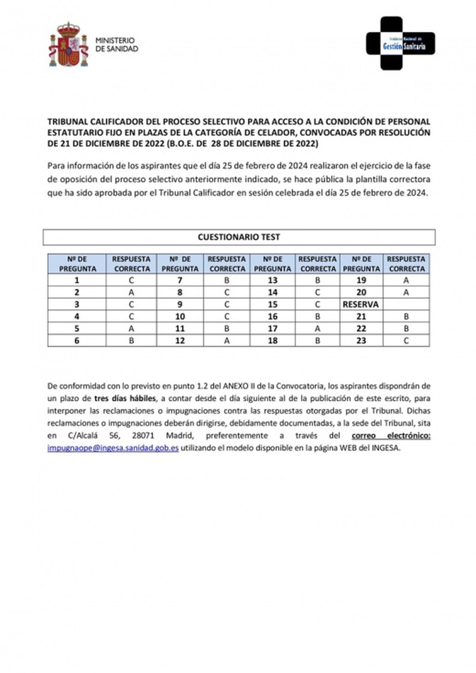 Plantilla examen celador OPE INGESA 2024. / FOTO INGESA