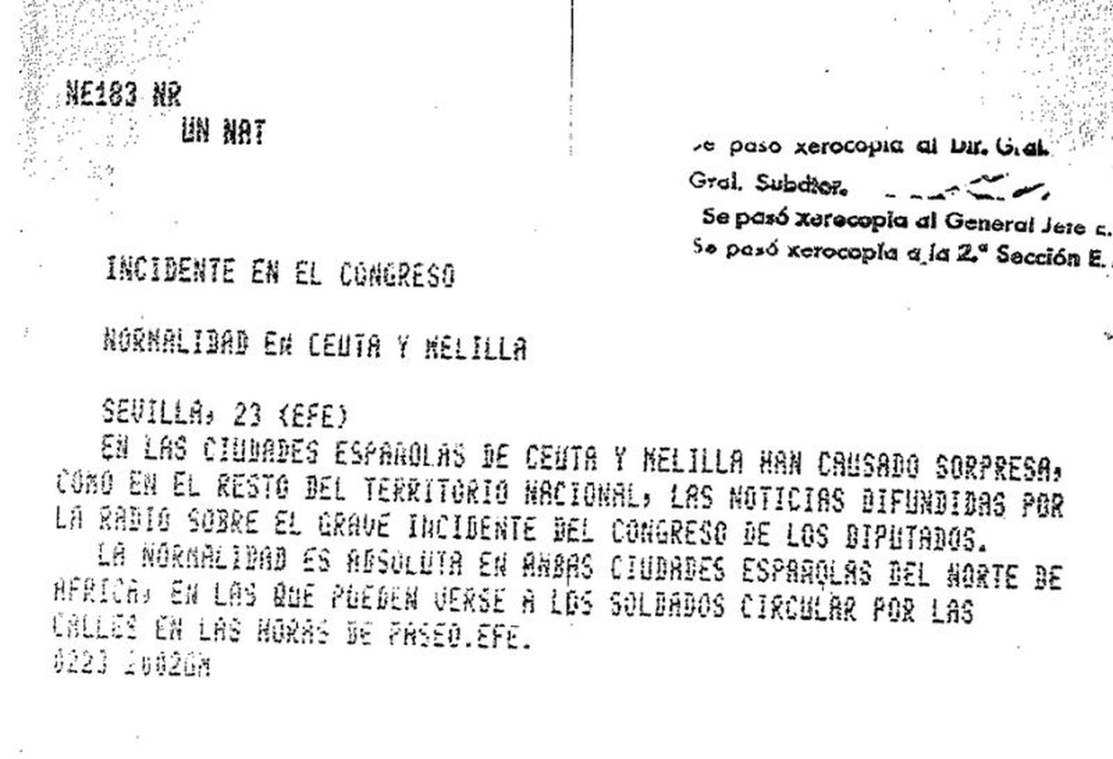 Teletipo de EFE relatando la "normalidad absoluta" que se vivía en Ceuta y Melilla el 23F.