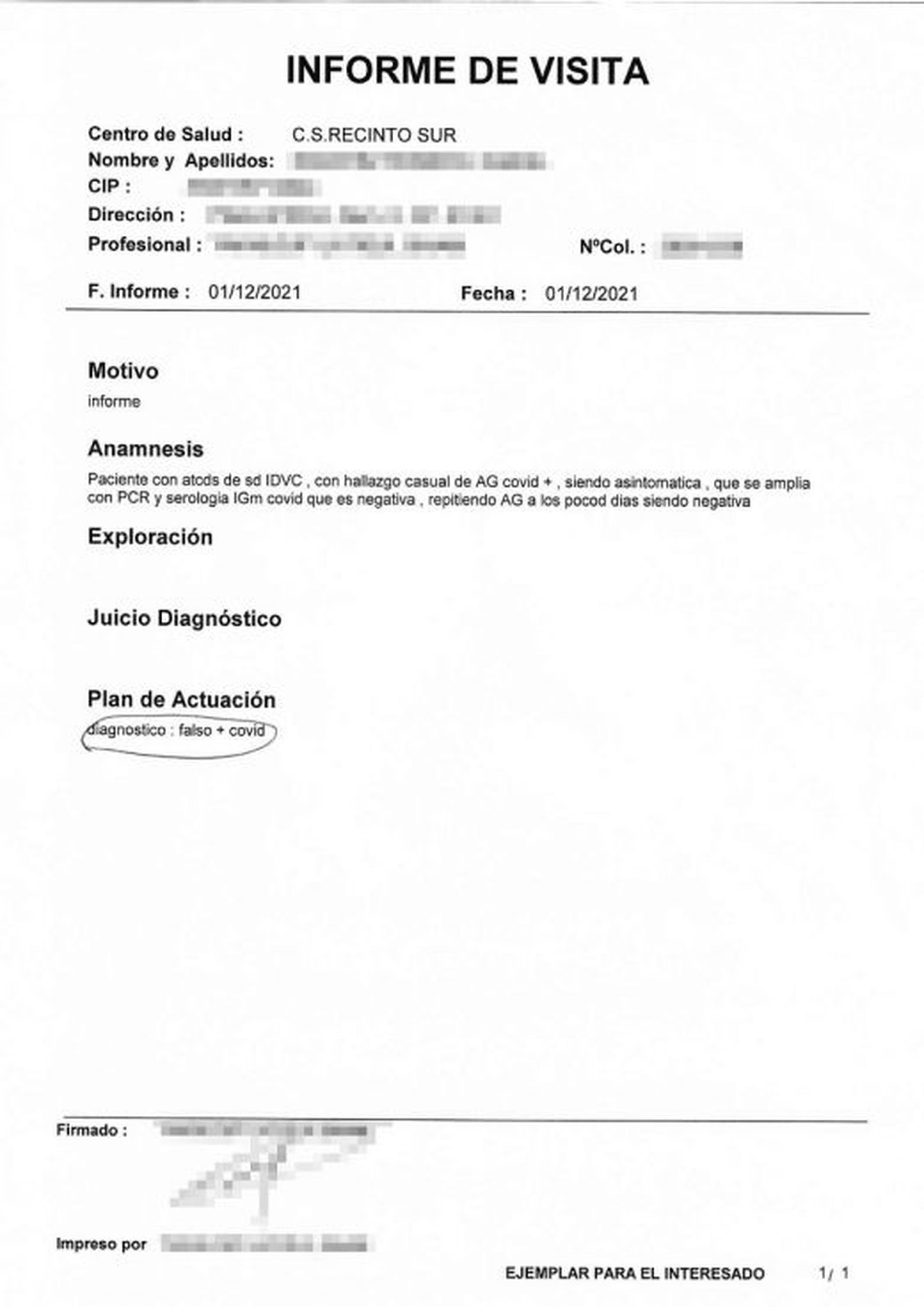 Informe médico del diagnóstico. Foto: Cedida