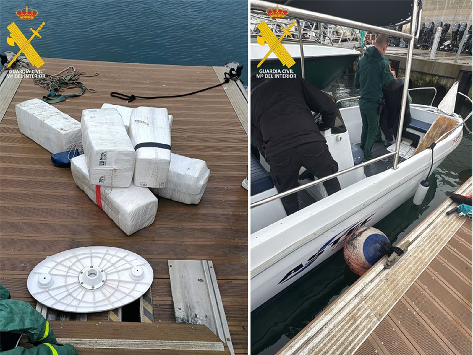 Imágenes de la droga incautada y de la inspección practicada por los agentes en el barco