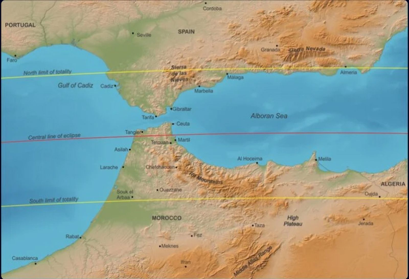 Mapa que señala el recorrido del eclipse de 2027 por el sur de España