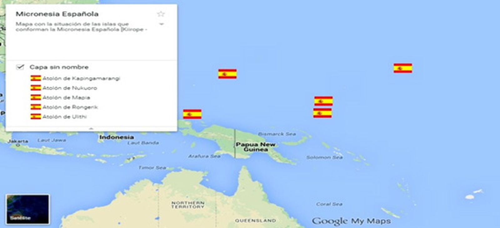 En el mapa adjunto, en la bandera de la parte baja de la izquierda, se encuentra el atolón de GÜEDES; el nombre actual en indonesio es KAPULAUAN MAPIA.