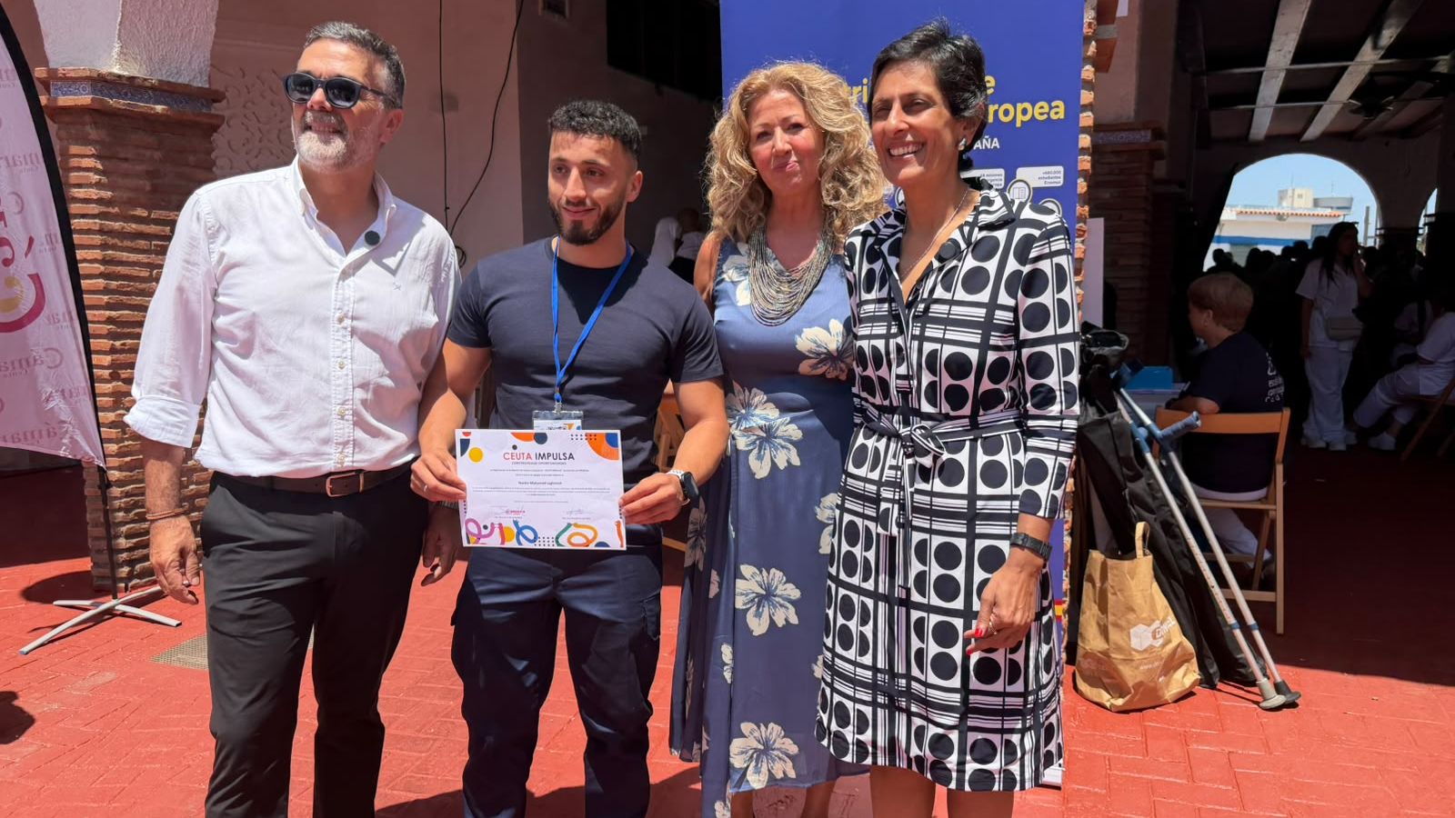 Chandiramani junto a Diestro, Borrego y un alumno-trabajador en el Ceuta Impulsa