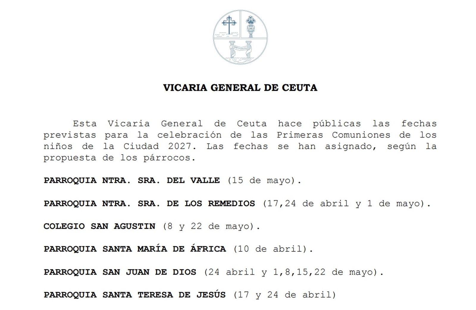 Fechas y horarios de las comuniones para 2027