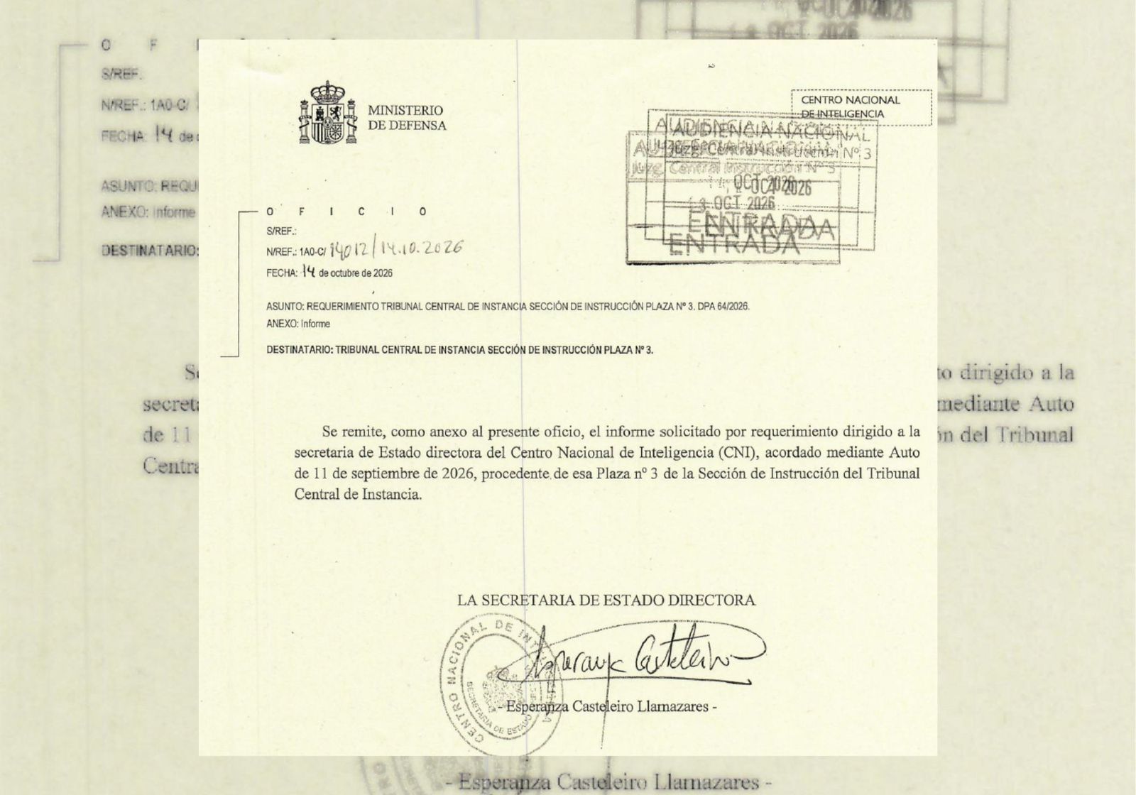 Captura del oficio remitido por el CNI a la magistrada Tardón.