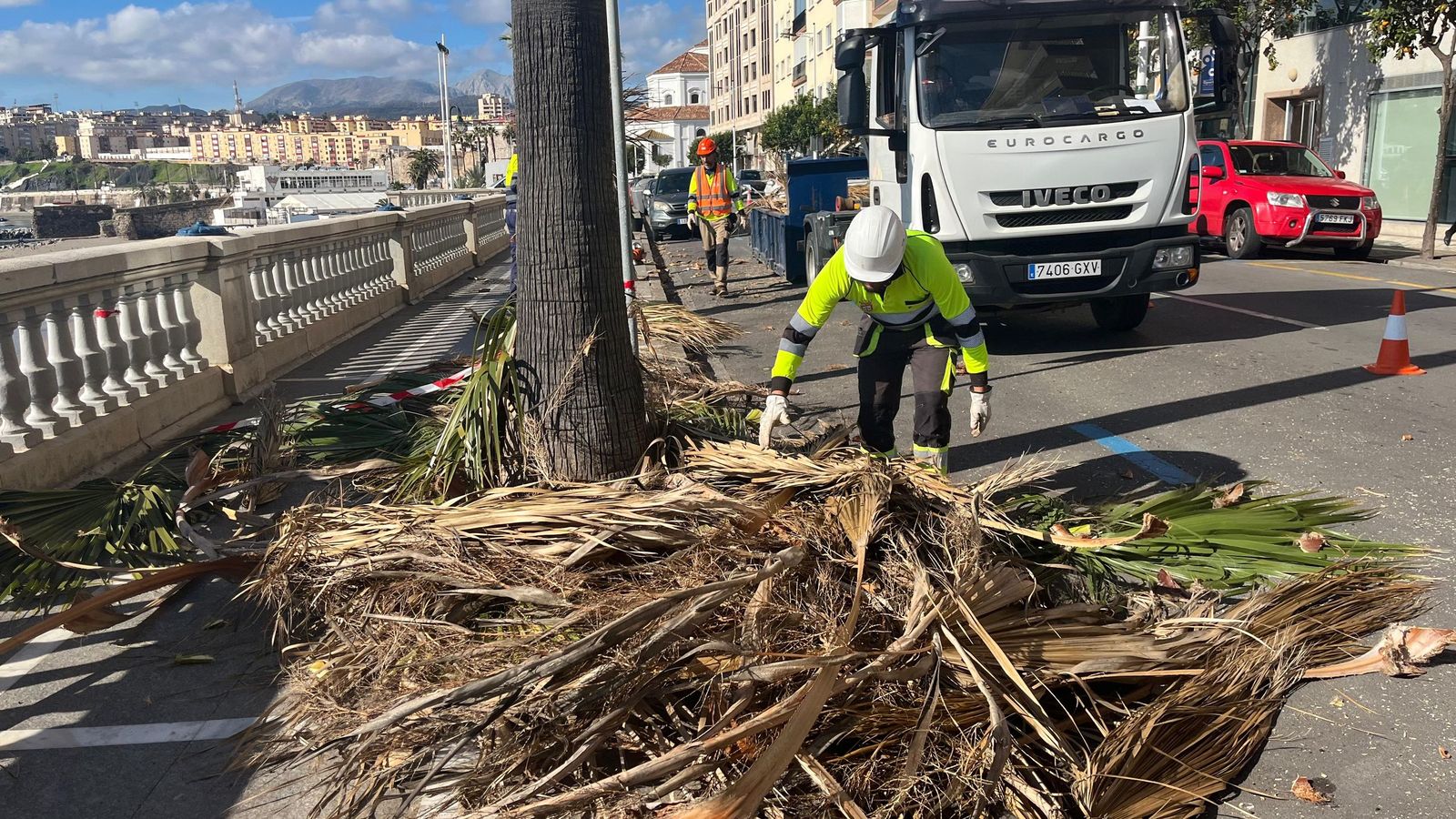 Uno de los jardineros recoge las ramas del suelo.