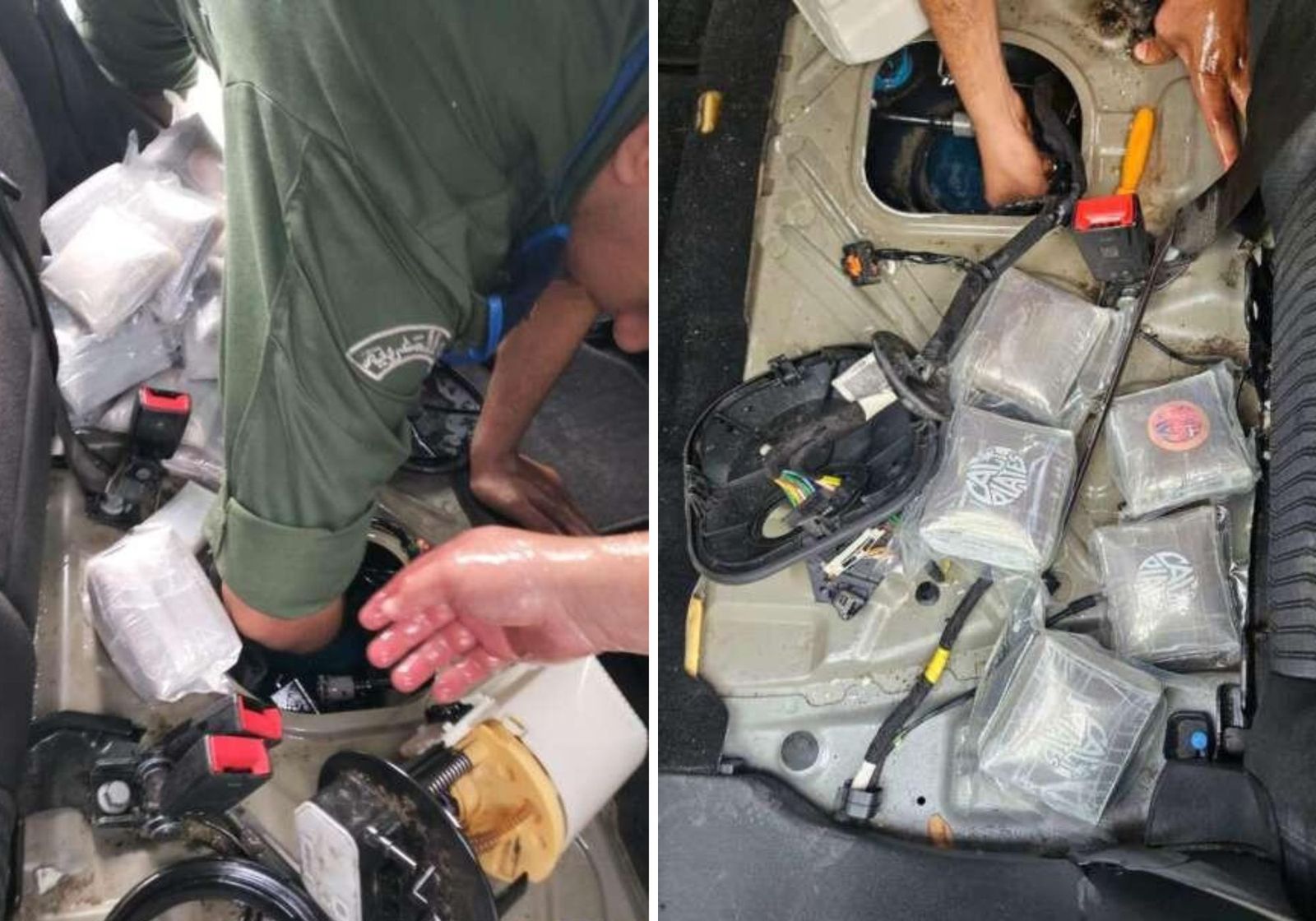 Imágenes de la inspección y el hallazgo de la droga en el vehículo.