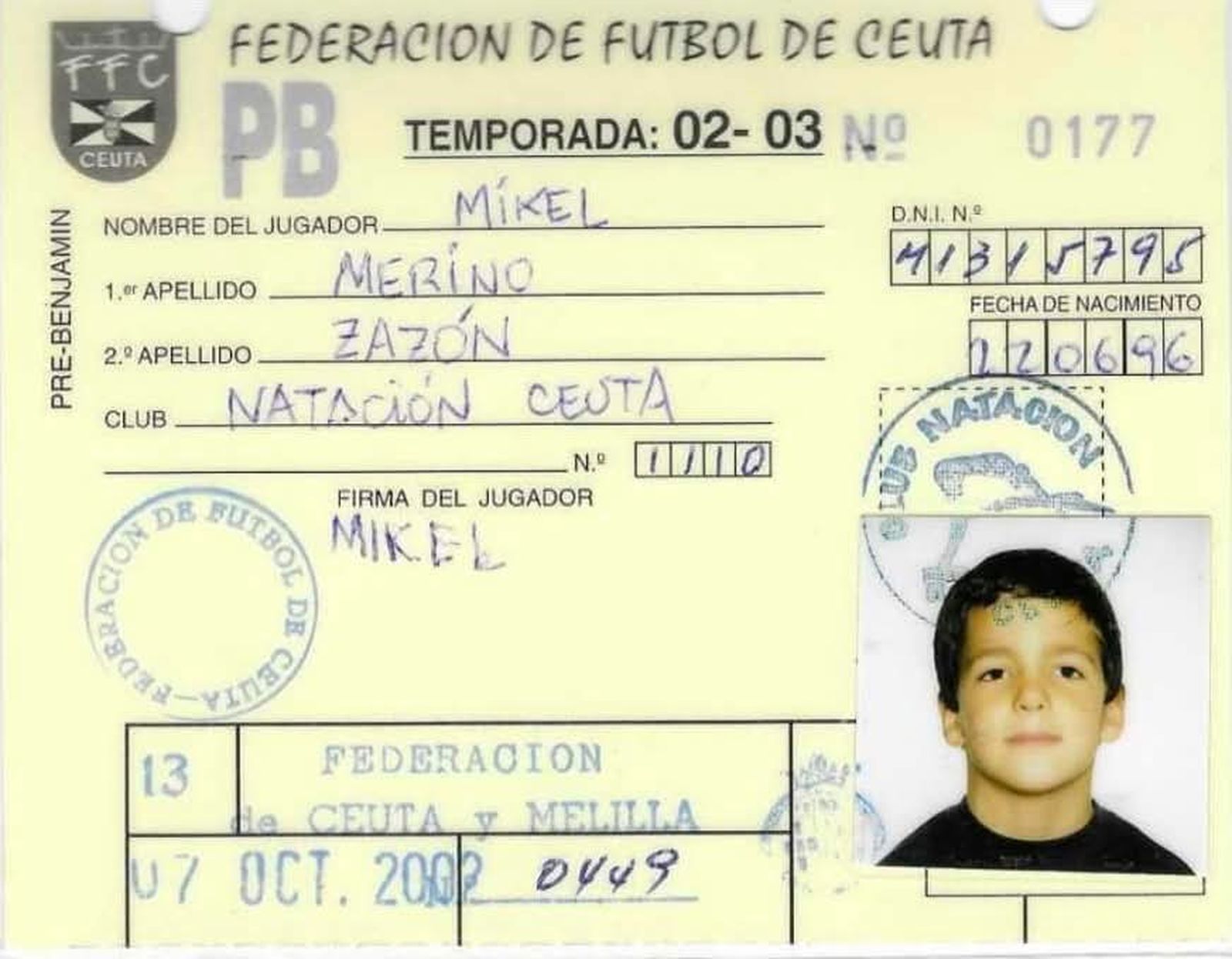 Ficha de Mikel Merino cuando defendió los colores de Ceuta en la temporada 02-03