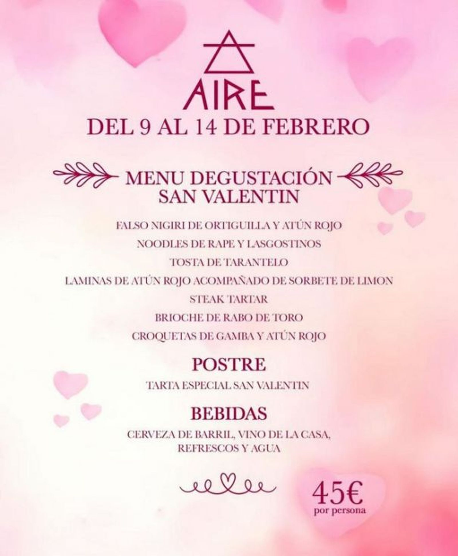 Menú degustación San Valentín, en Aire