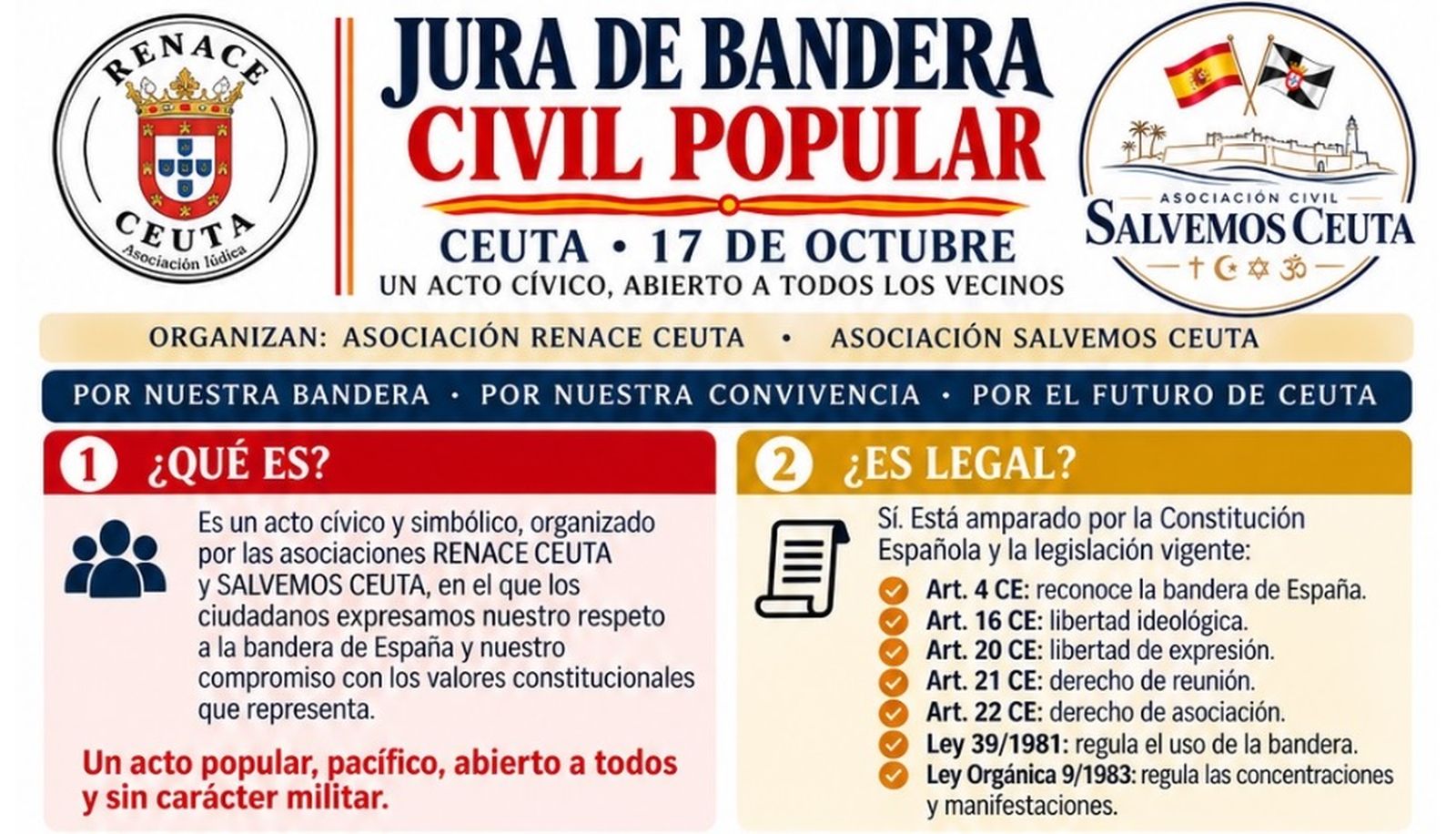 Renace Ceuta y Salvemos Ceuta llaman a los ceutíes a jurar la bandera de España este sábado en el Revellín