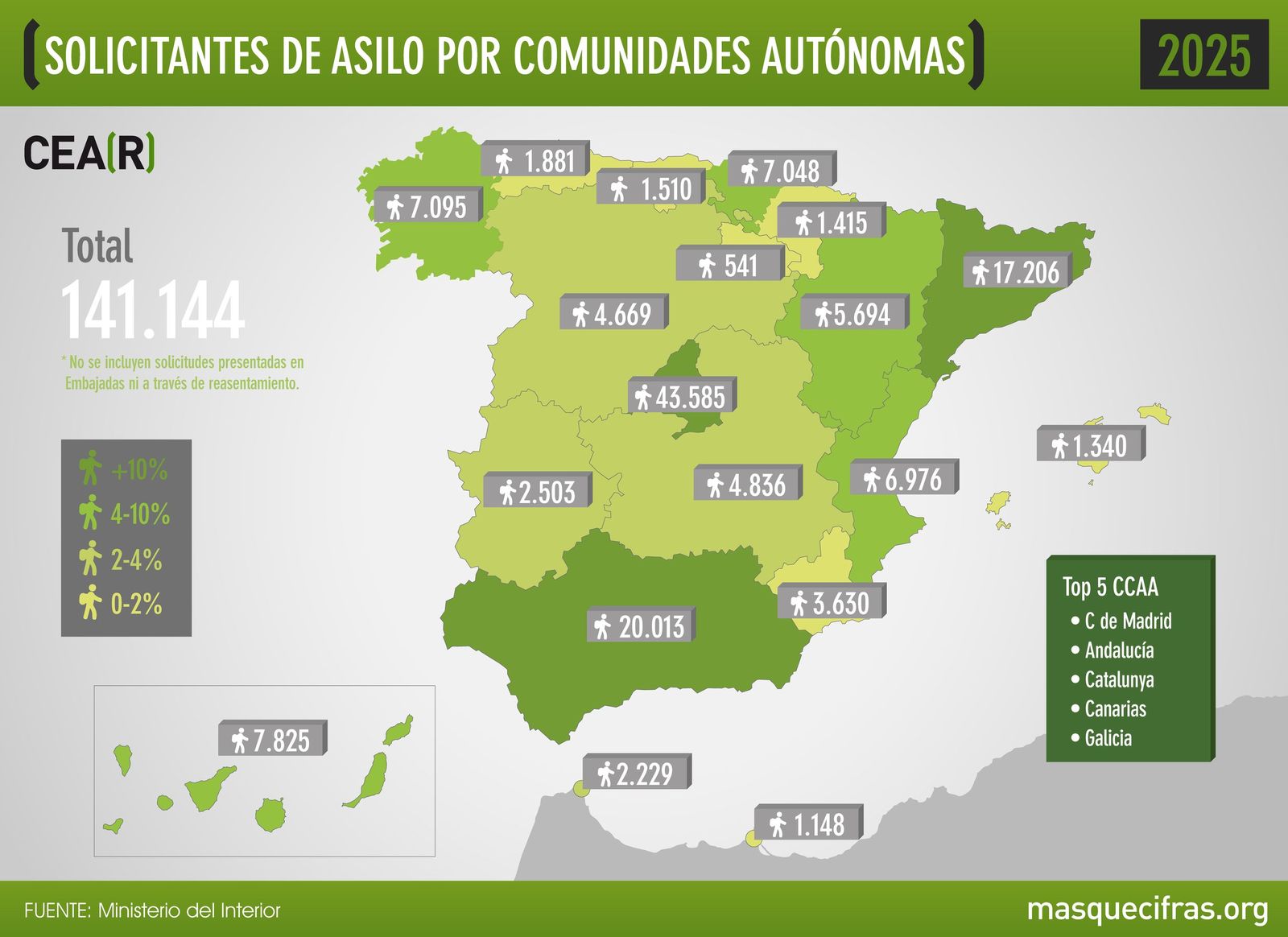 Infografía de CEAR sobre el número de solicitantes de asilo por autonomías, con datos del Ministerio de Interior.
