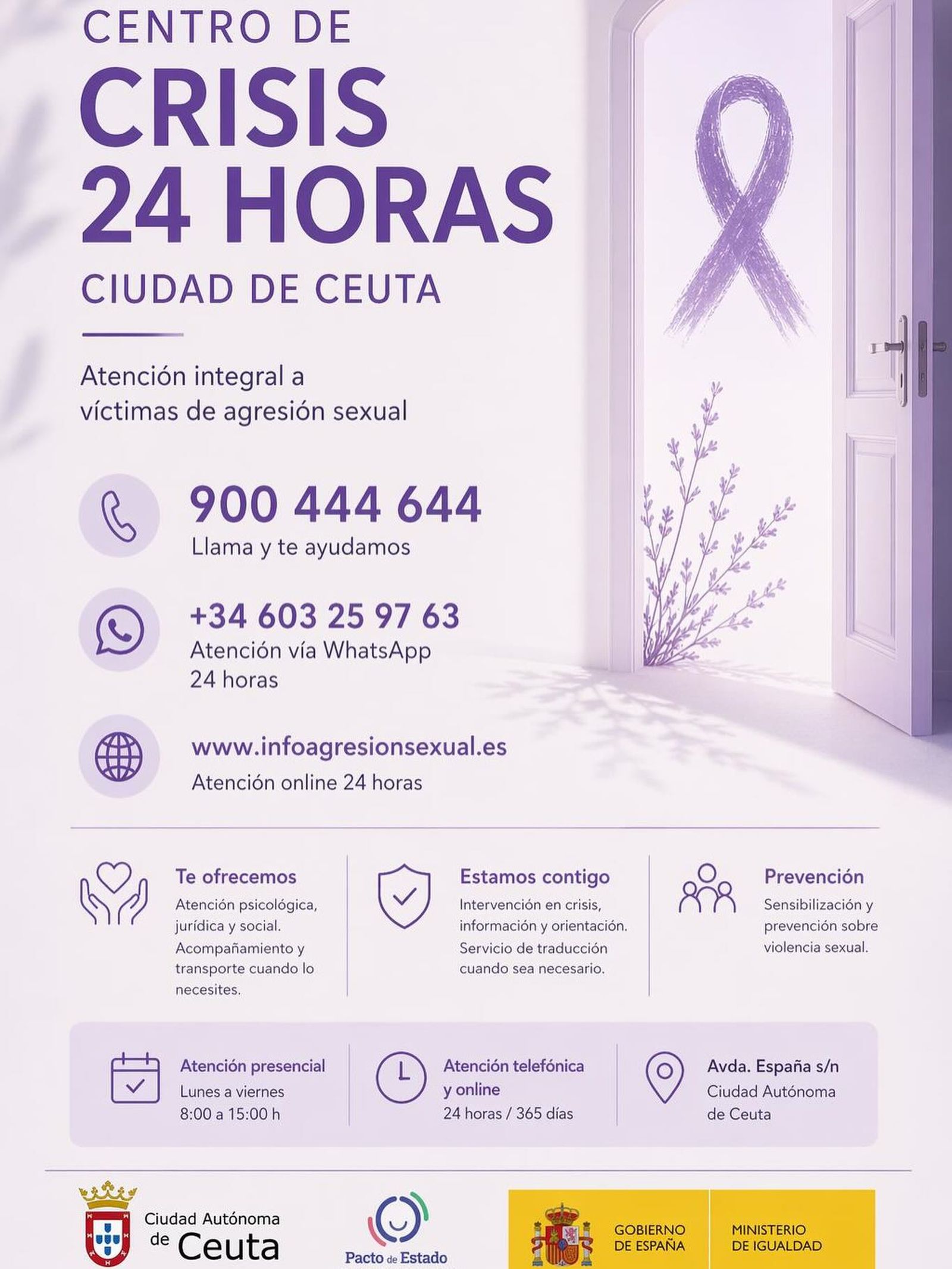 Cartel informativo sobre el contacto con el centro de crisis 24 horas