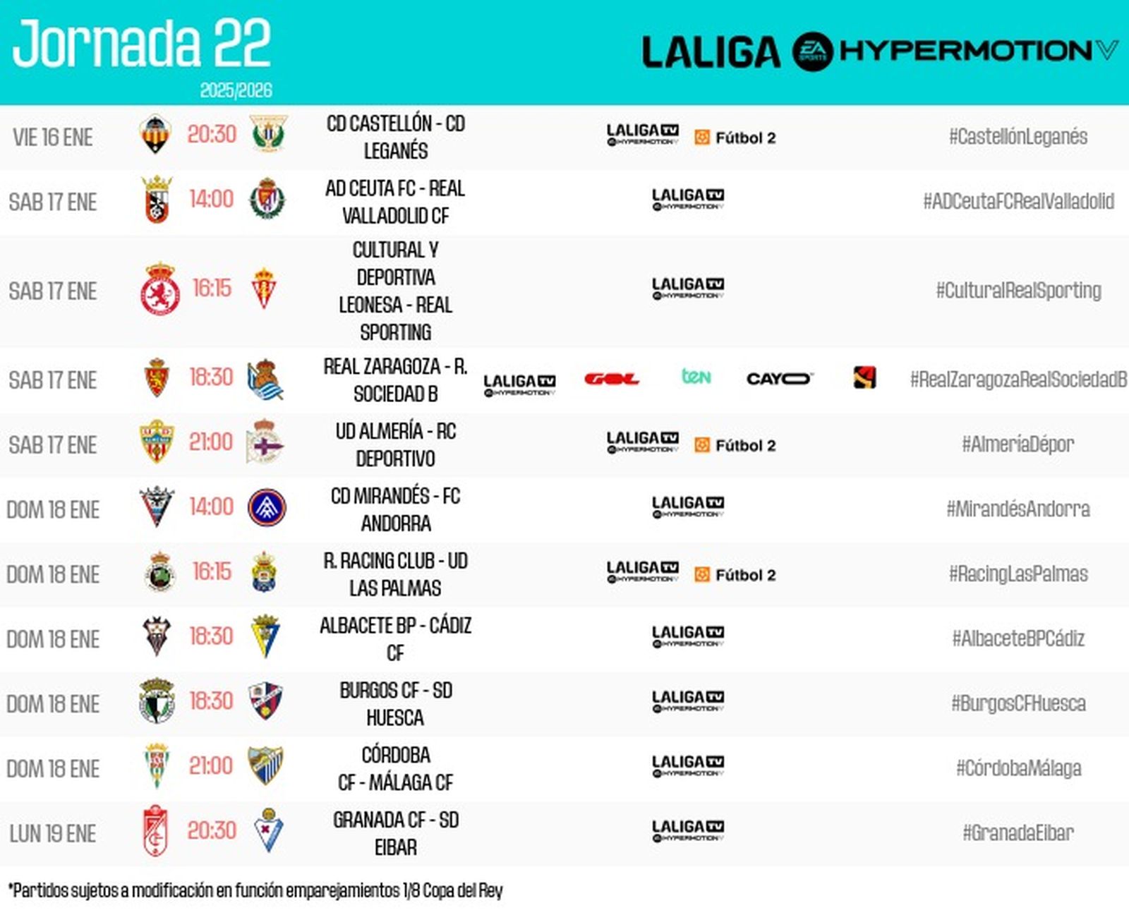 Horarios Liga Hypermotion