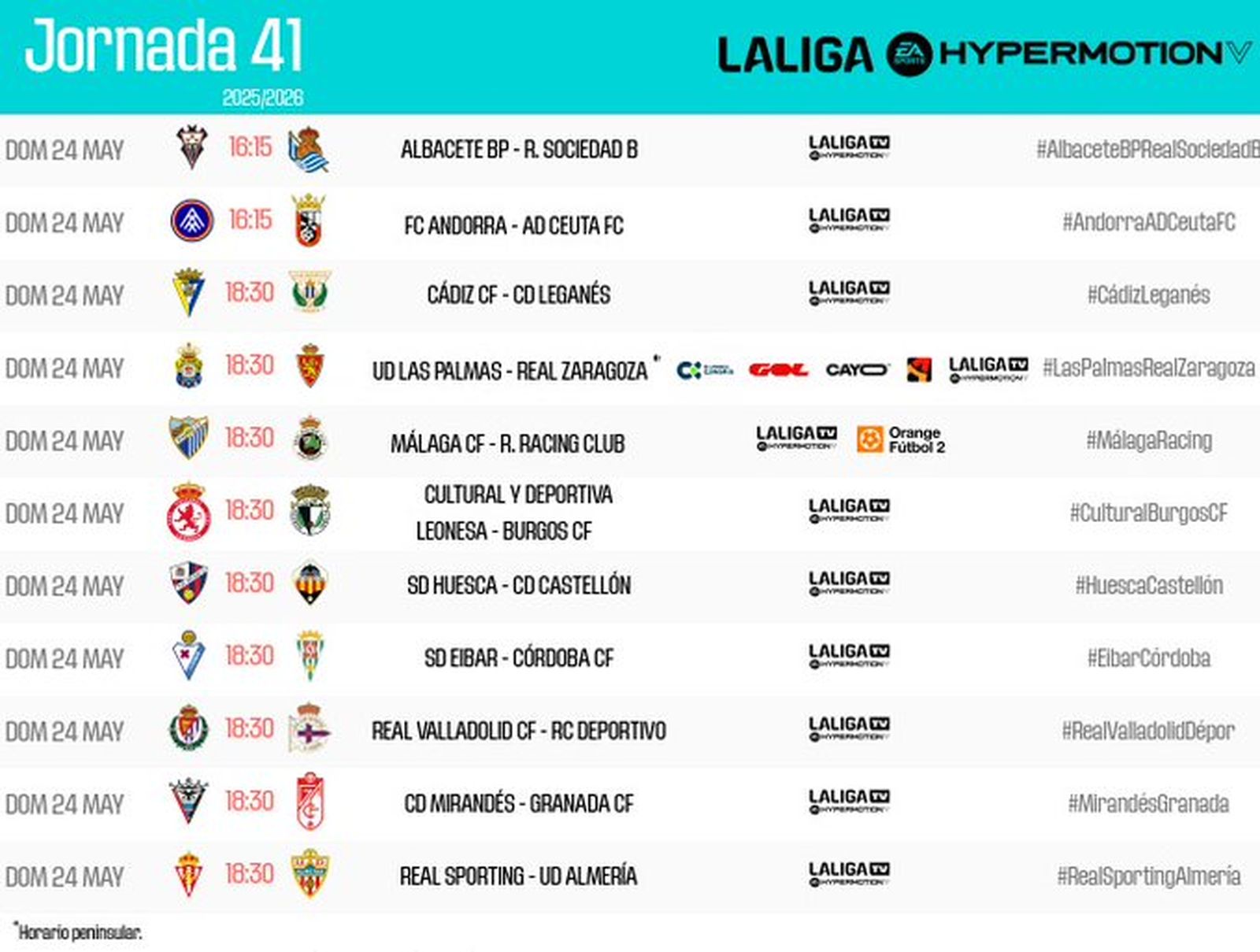 Horarios de la jornada 41 de la Liga Hypermotion