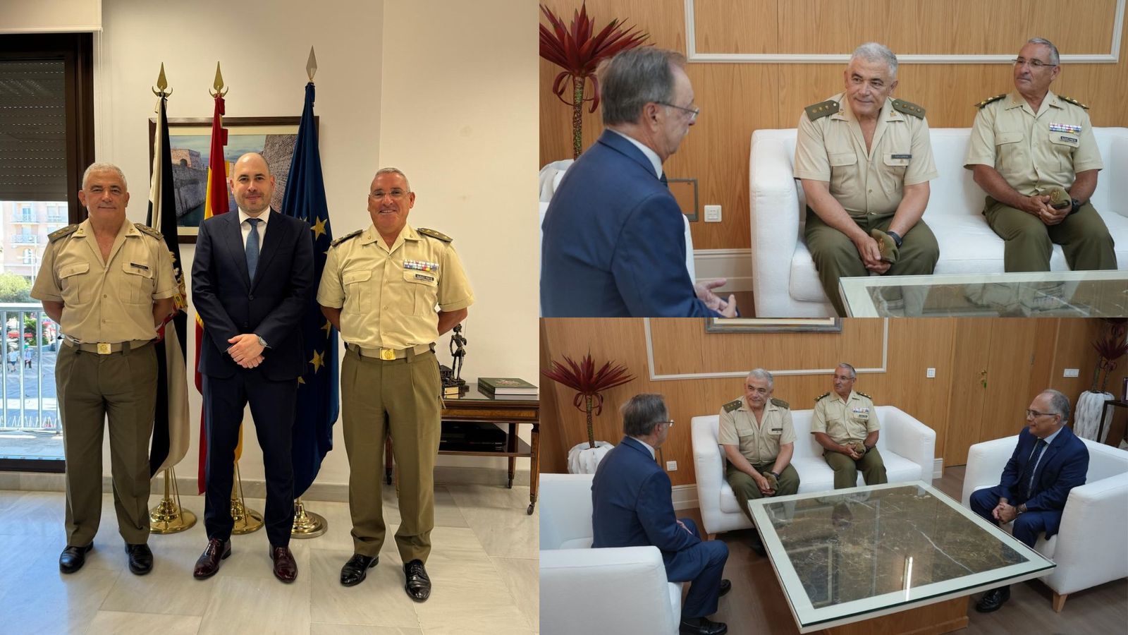 El nuevo delegado de Defensa de Ceuta, el coronel Francisco de Asís Vázquez, durante la primera toma de contacto con el delegado Pérez Triano y el presidente Vivas