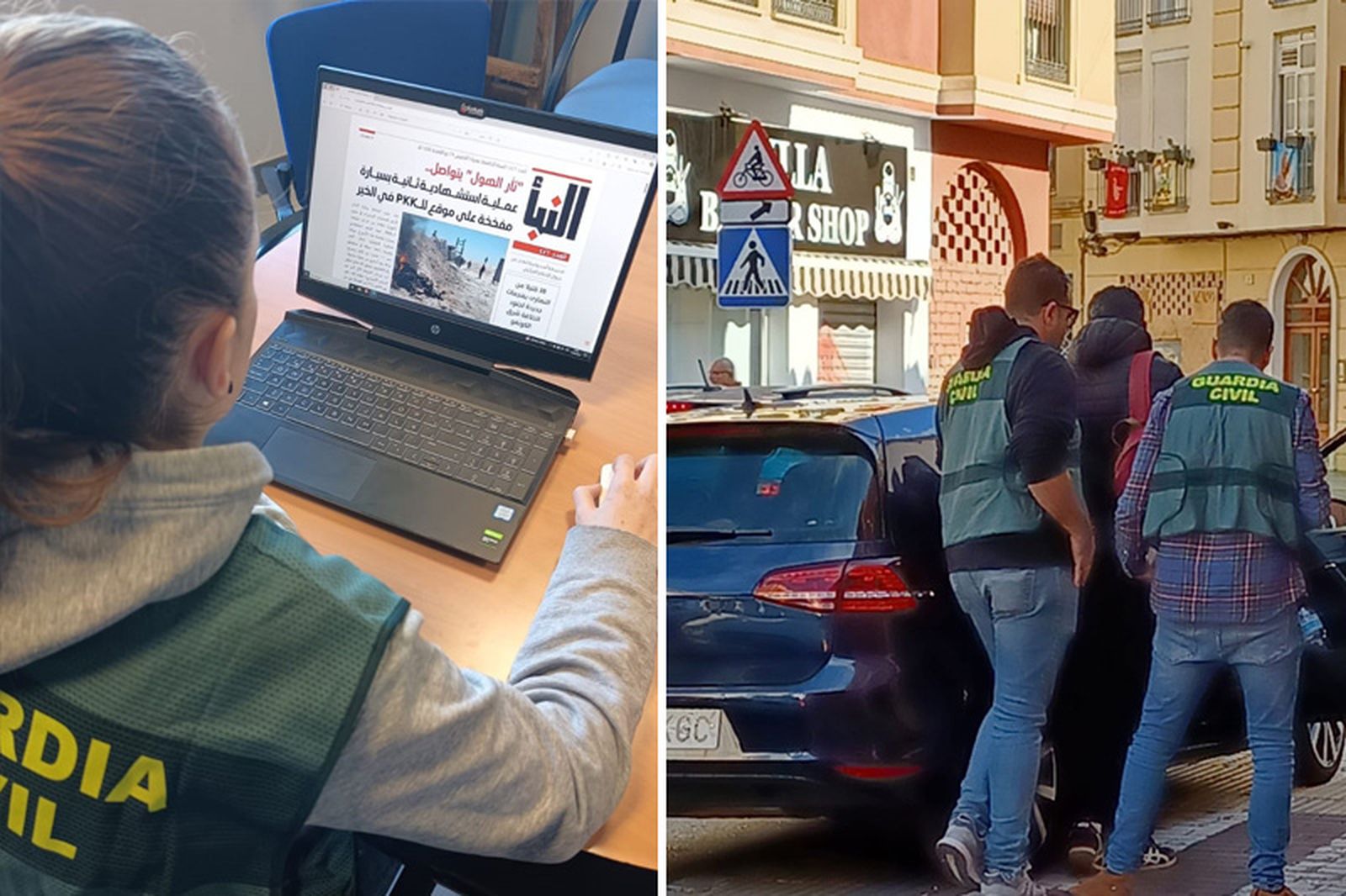 Una agente testea una página web. A la derecha, arresto del yihadista detenido en Ceuta/FOTO GUARDIA CIVIL