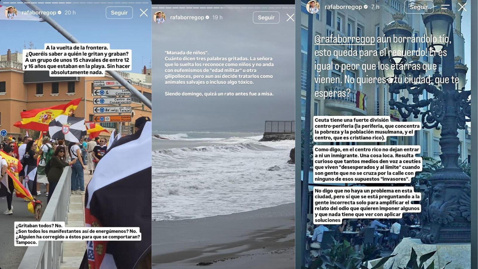 Algunos de los post en Instagram del abogado Rafael Borrego que los ceutíes difunden en redes sobre su visión de la crisis en Ceuta