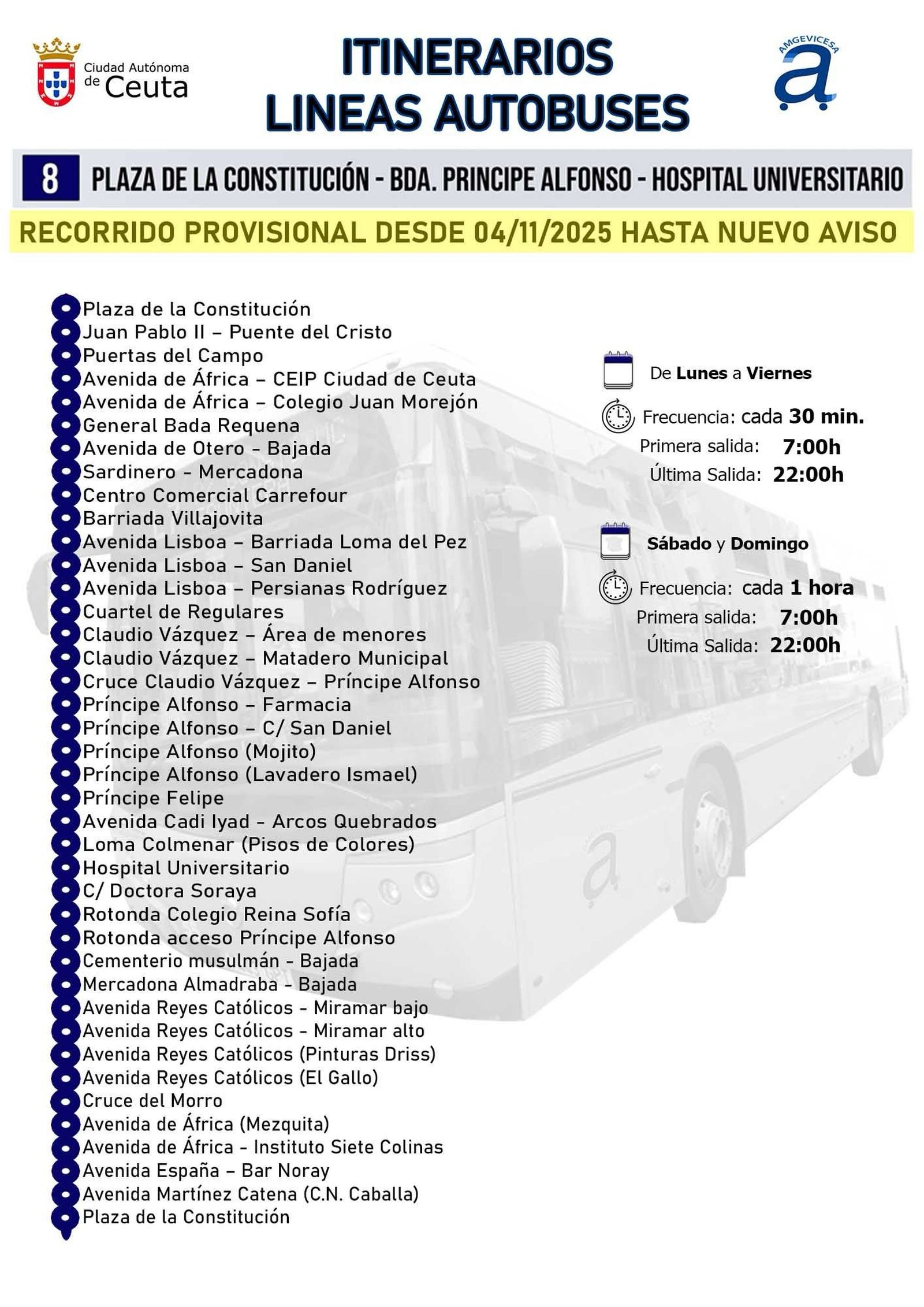 Itinerario Línea 8 Plaza de la Constitución - Príncipe Alfonso - Hospital Universitario