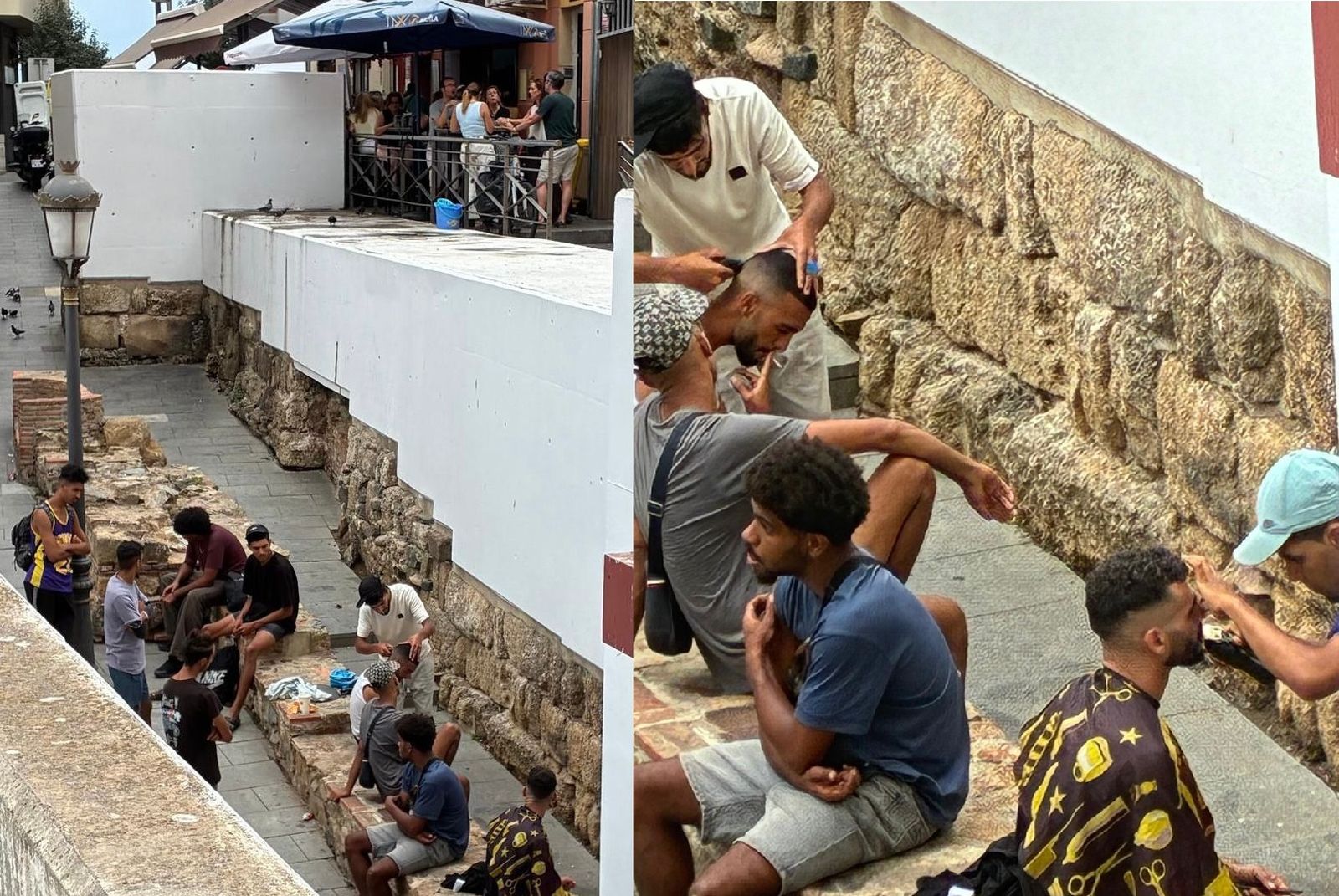 Peluquería marroquí en plena vía pública junto a la Basílica Tardorromana, sin higiene ni condiciones sanitarias