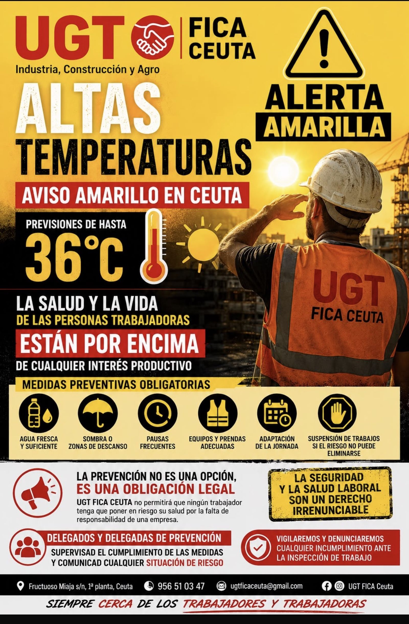 Cartel promovido por UGT FICA para advertir sobre los riegos laborales del calor extremo