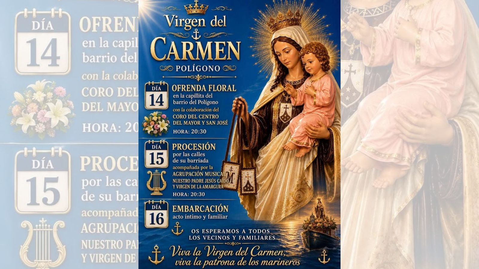 Cartel anunciador de los actos en el Polígono en honor a la Virgen del Carmen