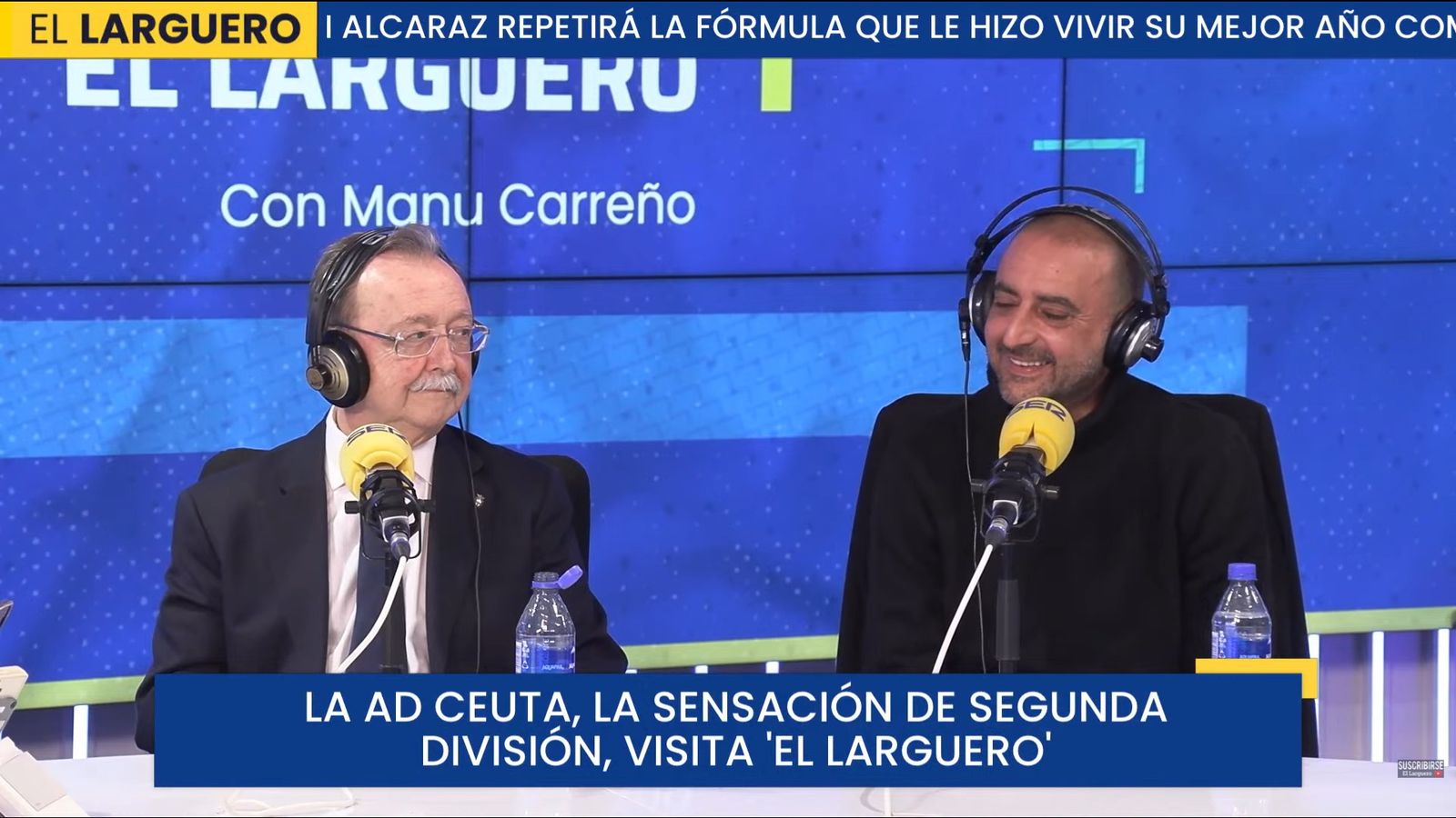 El presidente de la Ciudad, Juan Vivas, junto al presidente de la AD Ceuta, Luhay Hamido, durante su participación en el programa El Larguero de la Cadena Ser
