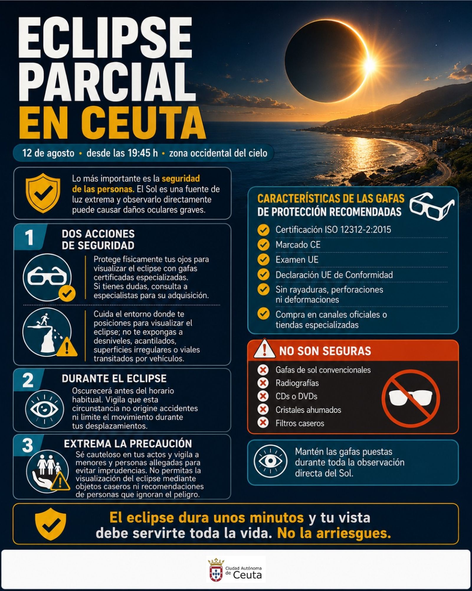 Cartel difundido por la Ciudad para prevenir sobre los peligros del eclipse