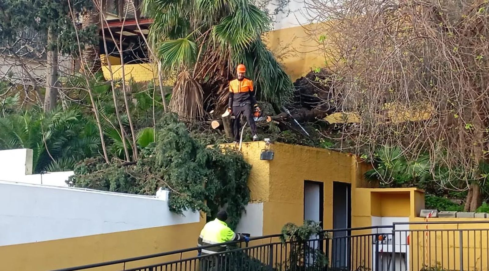 Operarios trabajan en el colegio Ortega y Gasset para reparar los daños ocasionados por el temporal