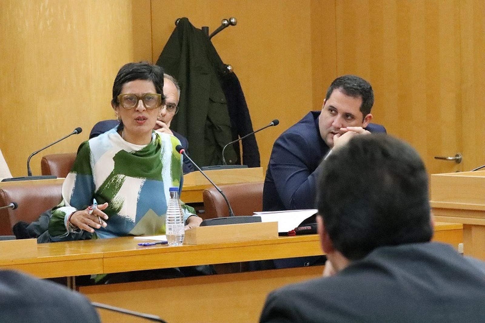 La consejera de Hacienda, Kissy Chandiramani, dirigiéndose al líder de Vox, Juan Sergio Redondo, durante el pleno extraordinario sobre la aduana comercial este lunes. / FOTO REDUAN