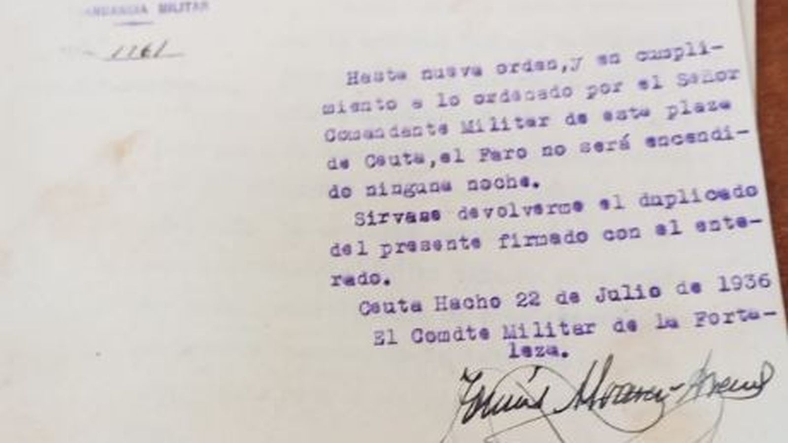 Escrito por el que Félix Jiménez, farero, confirma el apagado de la lámpara en las primeras horas de la Guerra Civil