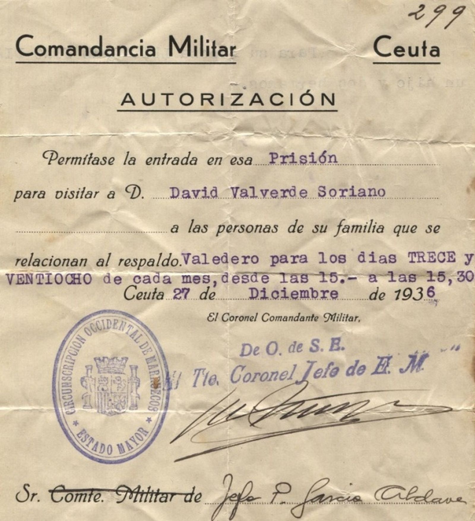 Salvoconducto para visitarlo en la prisión de García Aldave. (Archivo: Paco Sánchez)