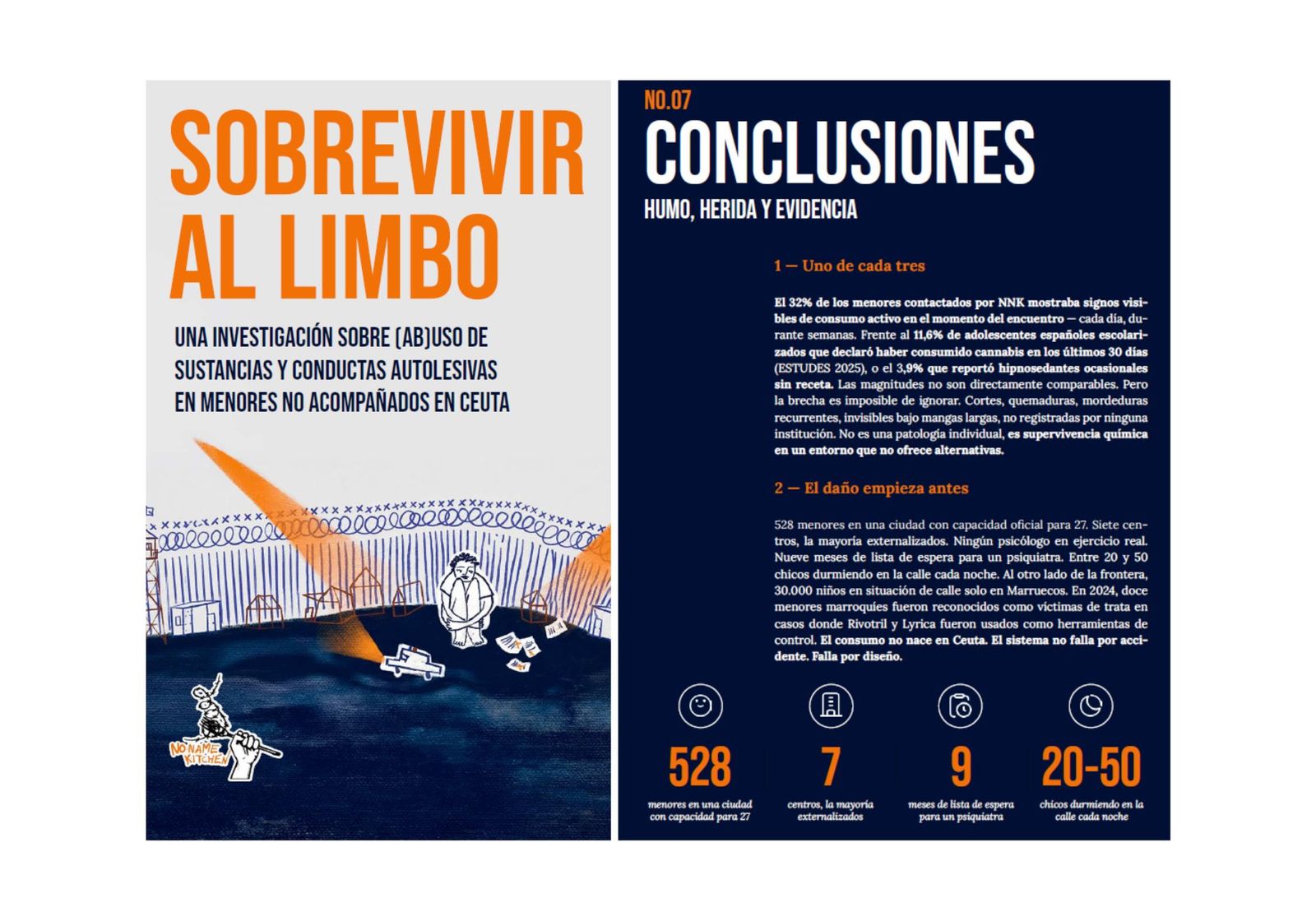 Portada y conclusiones del informe de No Name Kitchen ‘Sobrevivir al limbo’.