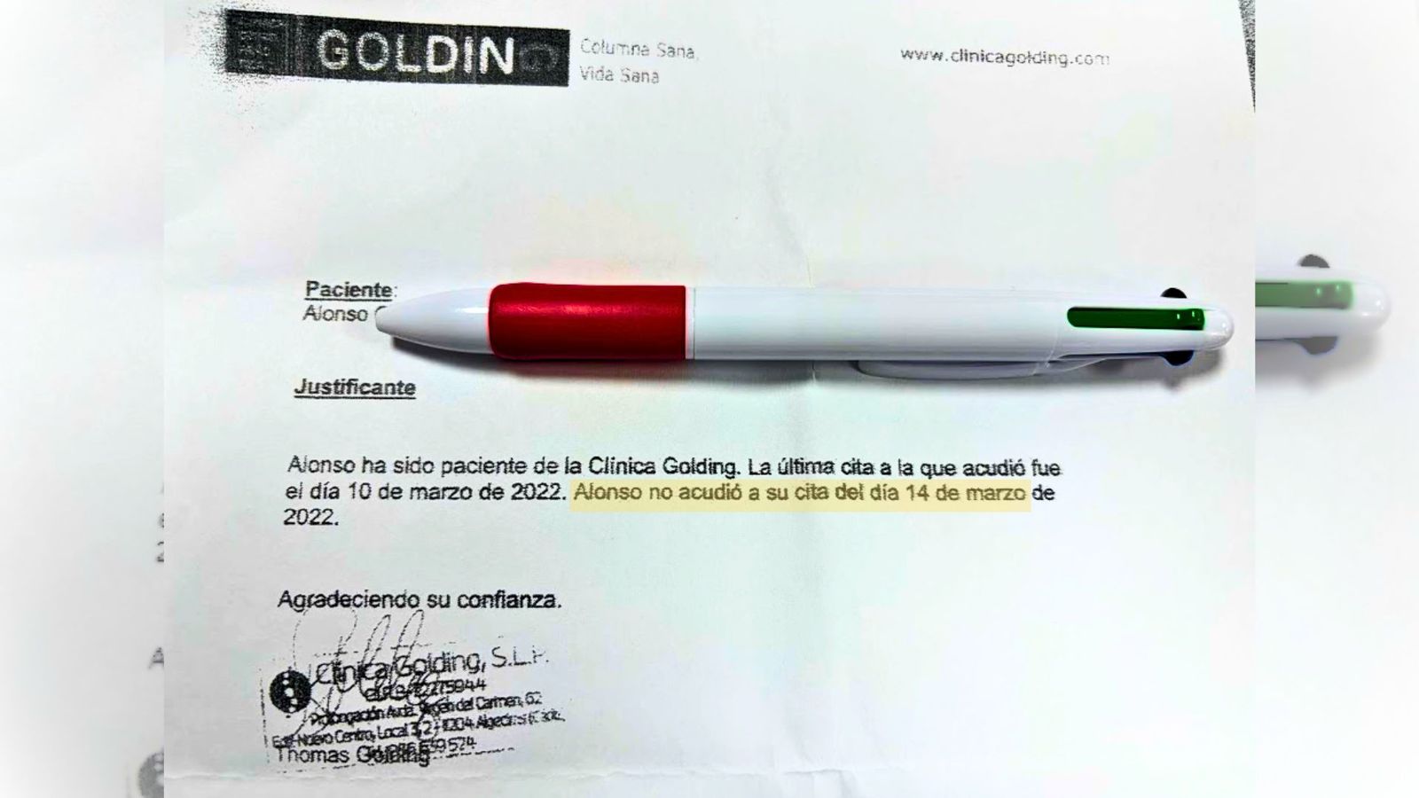 La fotocopia del informe de la cliníca que acredita la asistencia de Alonso hasta el 14 de marzo de 2022.