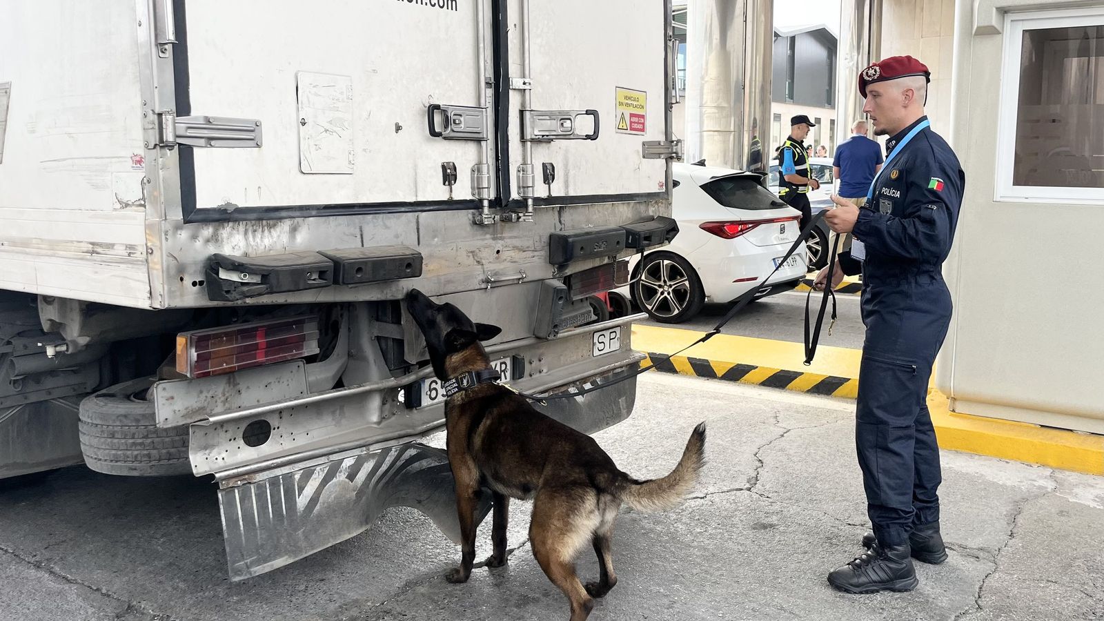 Un perro policía inspecciona los exteriores de un camión en la zona de pre-embarque del puerto