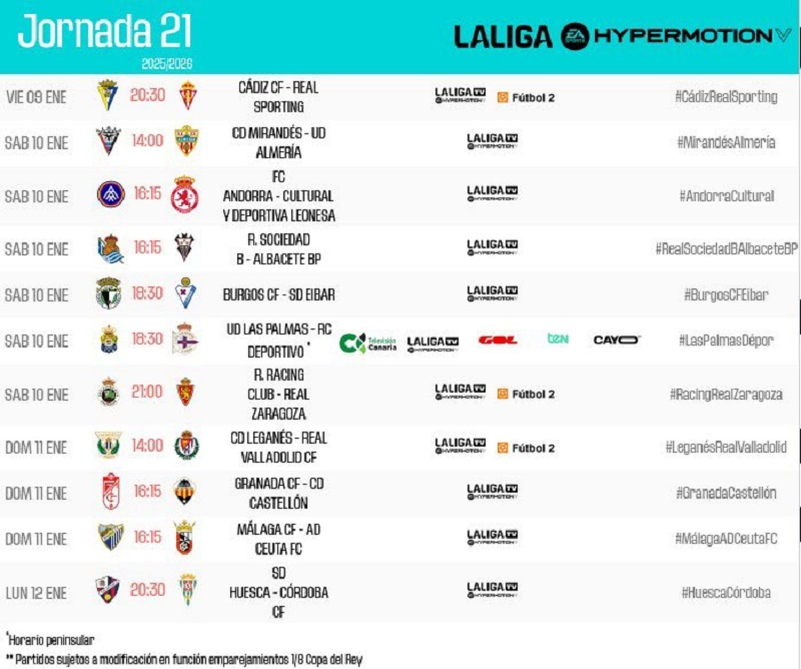 Horarios Liga Hypermotion