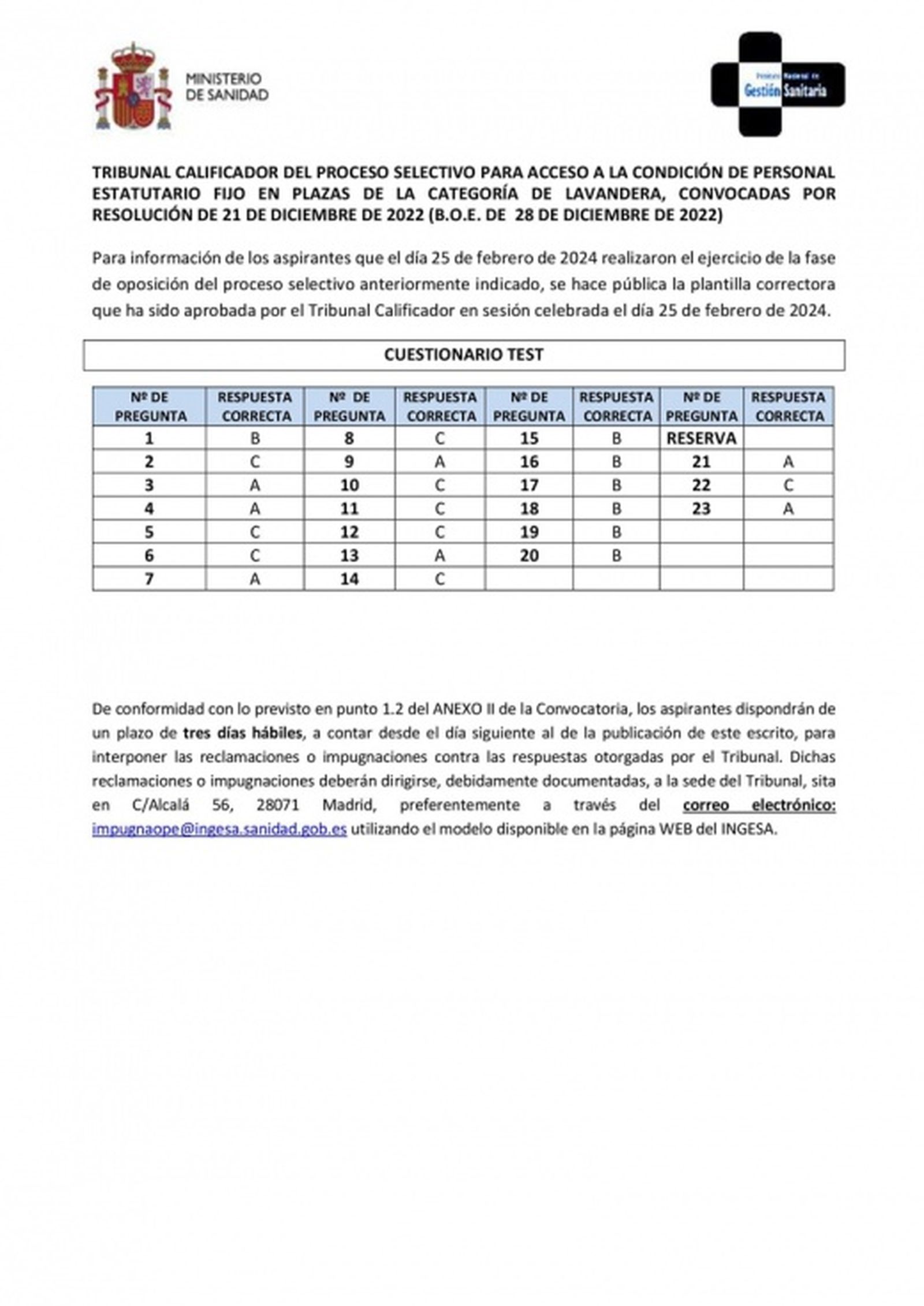 Plantilla examen Lavandera OPE INGESA 2024. / FOTO INGESA