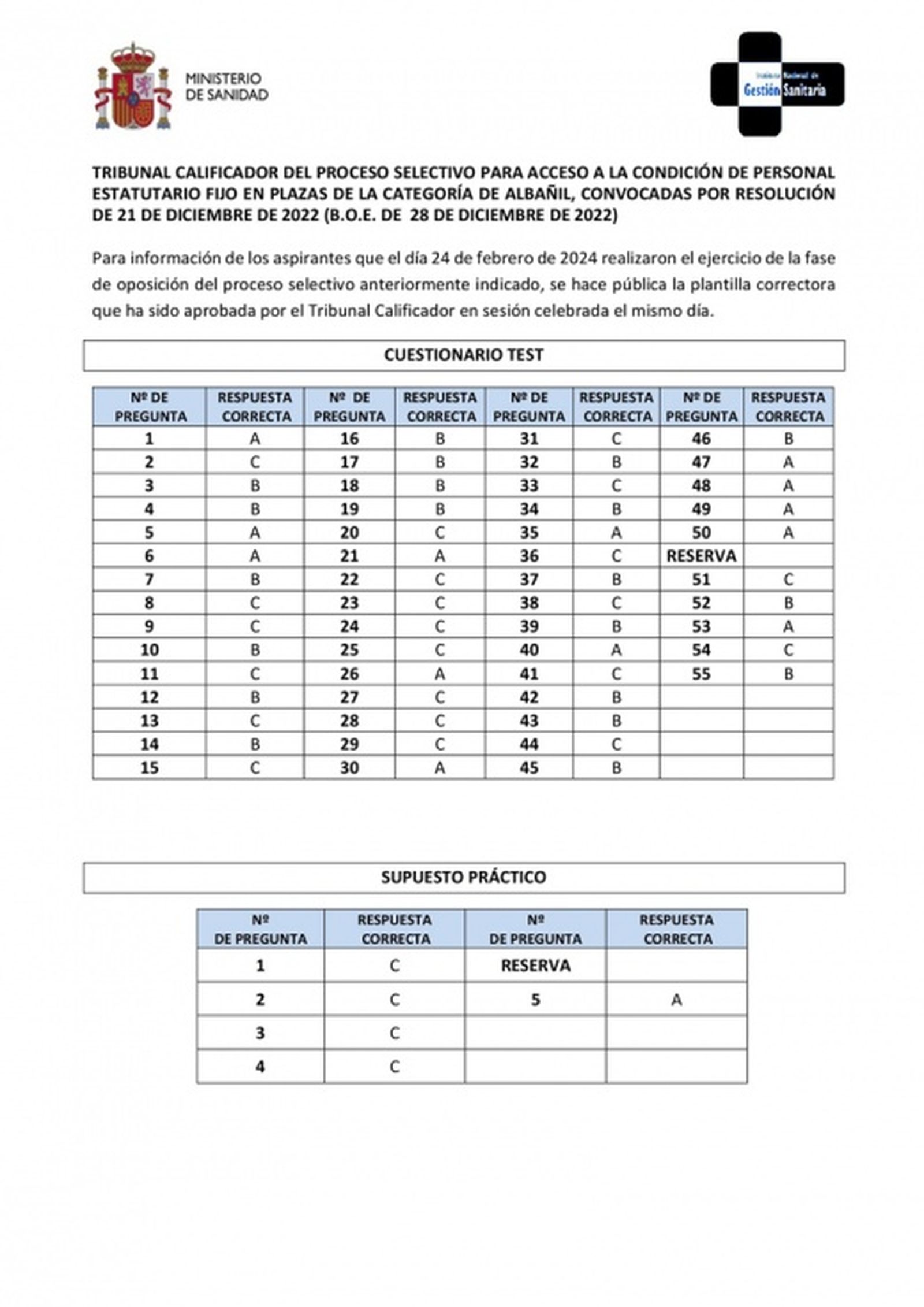 Plantilla examen Albañil OPE INGESA 2024. / FOTO INGESA