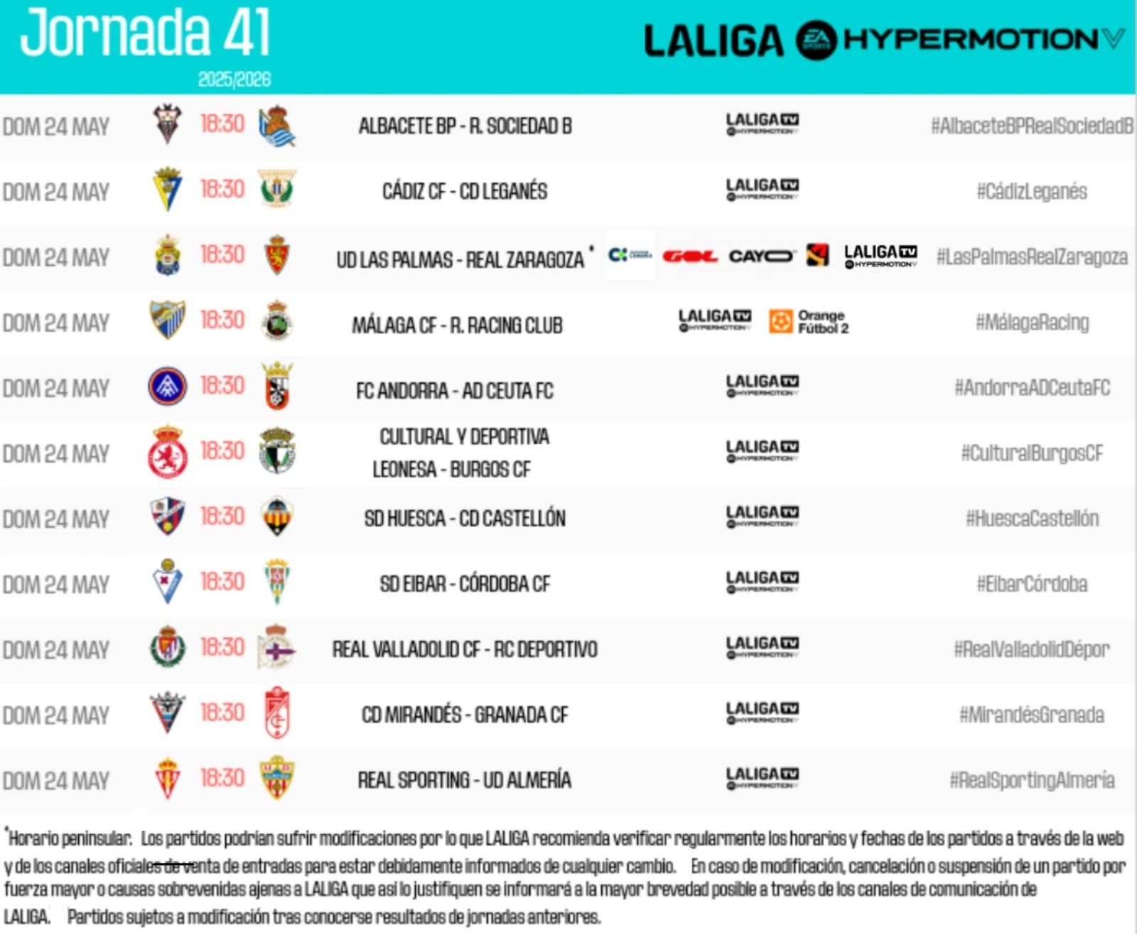 Horarios de la jornada 41
